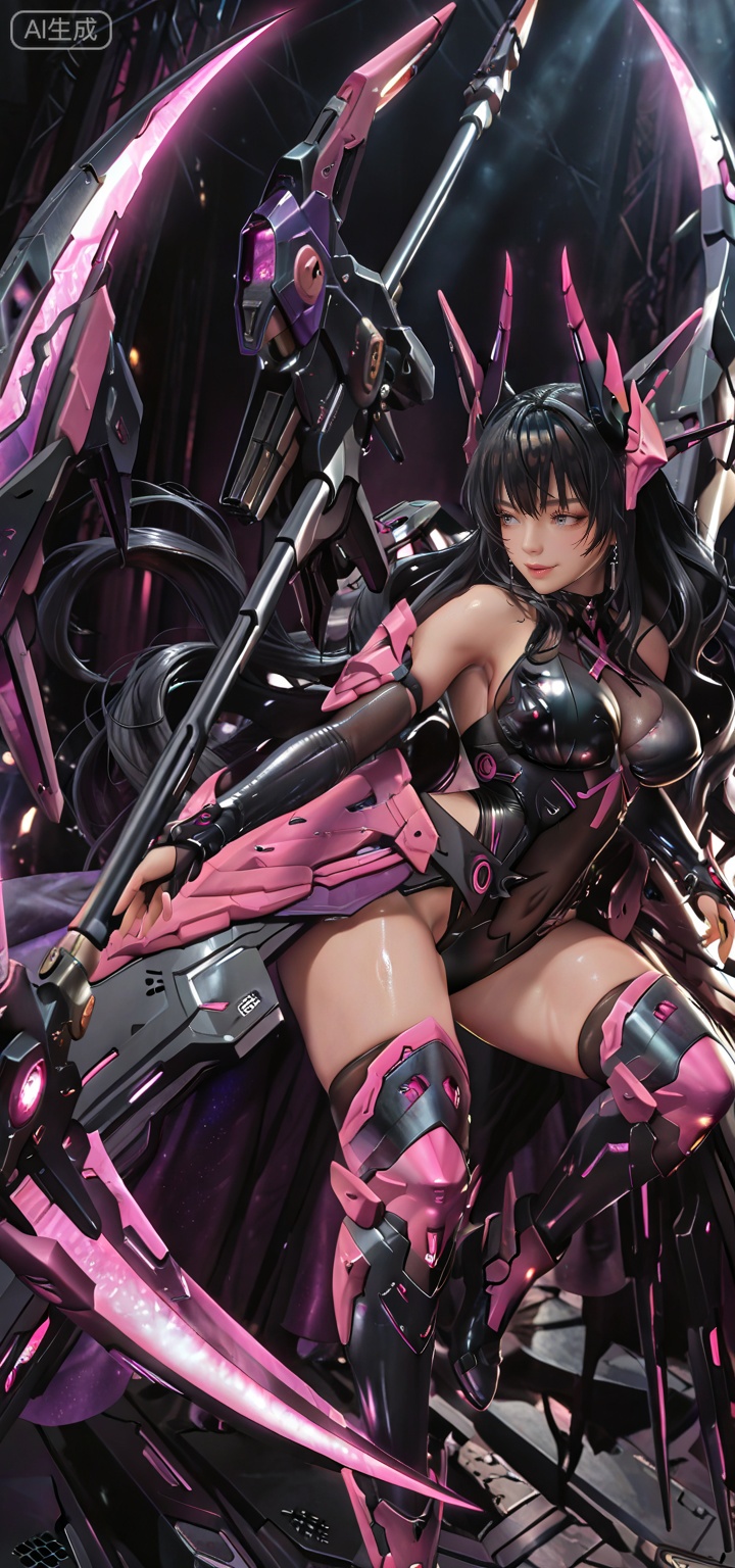 masterpiece, best quality, amazing quality, 1girl,rainbow around hands, dark background, fantasy robes, dramatic lighting, semi-realistic style, powerful stance,clear focus,hyper detailed, (dynamic pose:1.4),harranout1, solo, long hair,breasts, bangs, blue eyes, black hair,thighhighs, gloves, bare shoulders,very long hair, boots, detached sleeves,shiny, leotard, headgear,black leotard, mecha armor,holding weapon, scythe, gun, weapon,DETAILED, INTRICATE, SOFT SHADING,DETAILED TEXTURES
