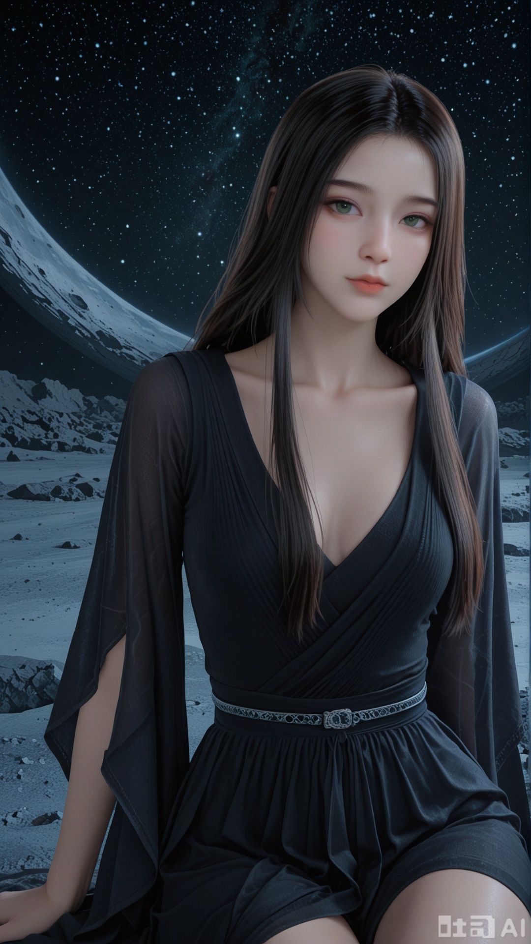 1girl, solo, YY clothes, on moon, exquisite skin, cowboy_shot, yokozuwari, looking at viewer, even illumination, very awa, starry sky background,