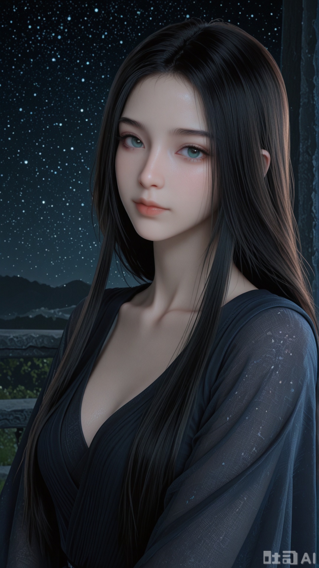 1girl, solo, YY clothes, exquisite skin, upper, looking at viewer, even illumination, very awa, starry sky background,