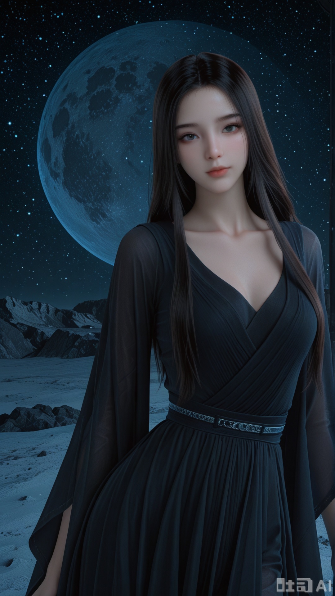 1girl, solo, YY clothes, on moon, exquisite skin, cowboy_shot, looking at viewer, even illumination, very awa, starry sky background,