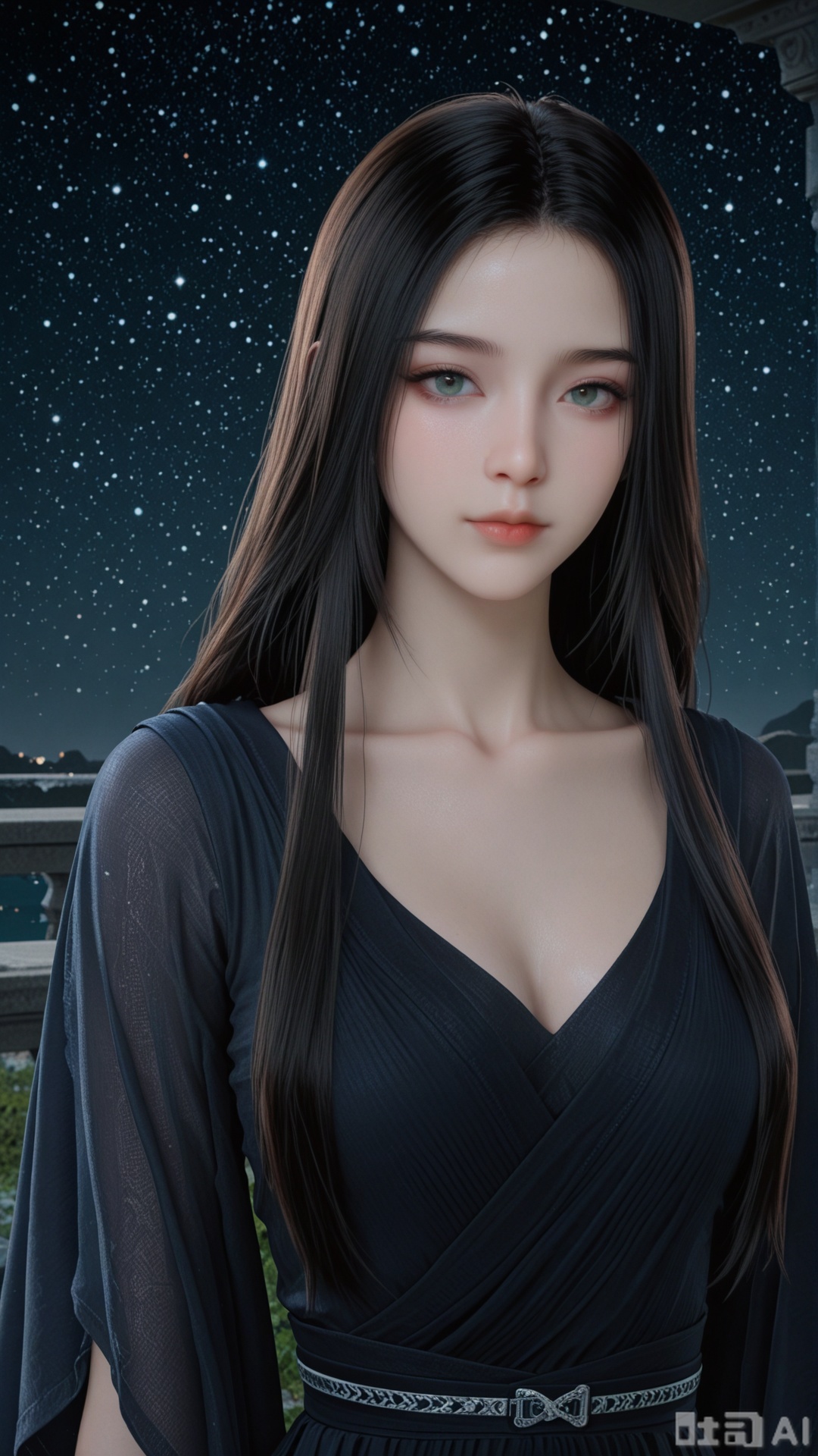 1girl, solo, YY clothes, exquisite skin, upper, looking at viewer, even illumination, very awa, starry sky background,