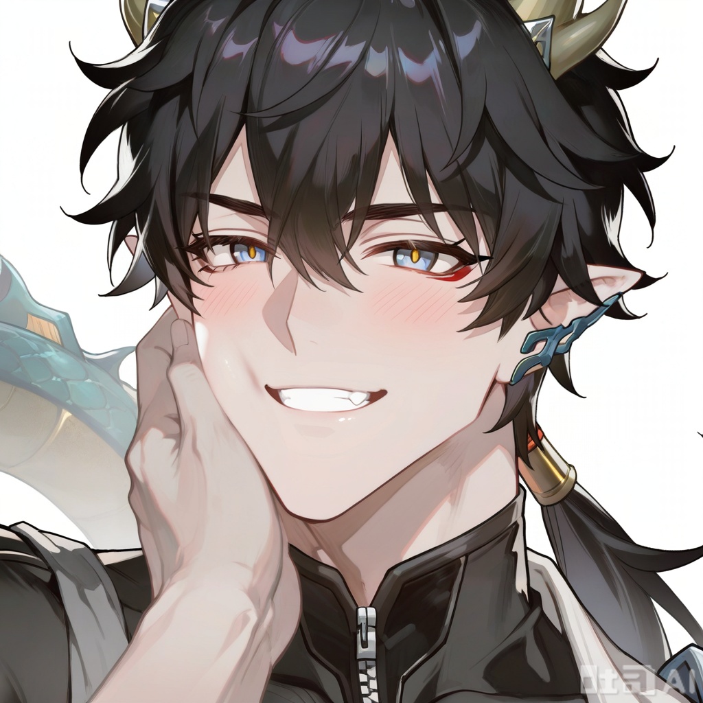 xiao zhi tiao,(artist:mazjojo:0.77),(artist:pigeon666:0.70),(artist:zawar379:0.83),(artist:remsrar:0.65),(artist:chimmyming:0.72),masterpiece,best quality,male focus,hd,4kamazing quality,very aesthetic,bust,high resolution,ultra-detailed,perfect lighting,volumetric lighting,(dark lighting),shadowing,(good shadowing),cinematic lighting,cinematic,shading,shallow,absurdres,newest,scenery,depth of field,1boy,1male,(((solo))),looking at viewer,Silver dog tag masterpiece,((dog ears, dog tail)),((smile, happy, laugh)),
,
BREAK,((muscular male,bara,broad shoulders,(mature:1.3),(a soft, loving gaze:1.3),(looking directly into viewer's eyes:1.2),(slight blush),official alternate costume,
(masculine charisma:1.4),(sensual:1.3),(intimate atmosphere:1.4),plain white background,simple background,(minimalist:1.2),studio shot,from viewer's perspective,(POV:1.2),(portrait:1.2),face_focus,(close-up:1.3),(slight head tilt:1.2),( resting his cheek and jaw in the palm of the viewer's hand:1.4),(holds the viewer's hand against his cheek:1.3),
(background is a clean, solid white, creating a high-fashion, minimalist feel. The atmosphere is stylish, clean, and carries a hint of playful seduction),(full head:1.1),(no cut:1.1),(space above head:1.2))

Warm colors
,
danmei,xiaozhitiao,,Xiaozhitiao,smelly,dianmei,dan_heng,leg loops,Grey eyes,Green Dragon Tail,Black tight fitting clothes,dragon horns,fingerless gloves,pants,belt,pointy ears,horns,boots,earrings,ponytail,jewelry,gloves,long sleeves,long hai,hair between eyes,black hair,shirt,bangs,(black hair),(Grey eyes)