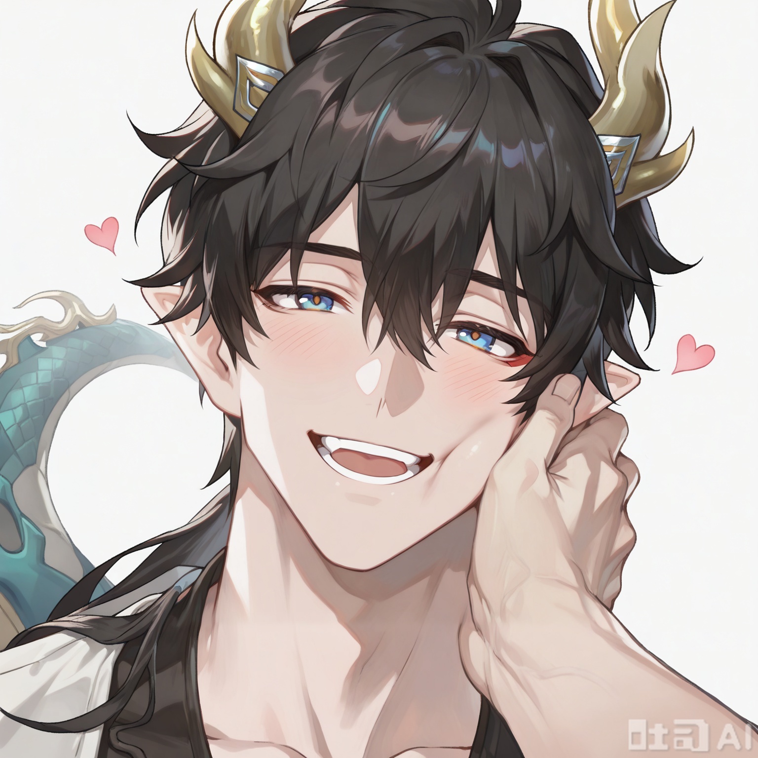 xiao zhi tiao,(artist:mazjojo:0.77),(artist:pigeon666:0.70),(artist:zawar379:0.83),(artist:remsrar:0.65),(artist:chimmyming:0.72),masterpiece,best quality,male focus,hd,4kamazing quality,very aesthetic,bust,high resolution,ultra-detailed,perfect lighting,volumetric lighting,(dark lighting),shadowing,(good shadowing),cinematic lighting,cinematic,shading,shallow,absurdres,newest,scenery,depth of field,1boy,1male,(((solo))),looking at viewer,Silver dog tag masterpiece,((dog ears, dog tail)),((smile, happy, laugh)),
,
BREAK,((muscular male,bara,broad shoulders,(mature:1.3),(a soft, loving gaze:1.3),(looking directly into viewer's eyes:1.2),(slight blush),official alternate costume,
(masculine charisma:1.4),(sensual:1.3),(intimate atmosphere:1.4),plain white background,simple background,(minimalist:1.2),studio shot,from viewer's perspective,(POV:1.2),(portrait:1.2),face_focus,(close-up:1.3),(slight head tilt:1.2),( resting his cheek and jaw in the palm of the viewer's hand:1.4),(holds the viewer's hand against his cheek:1.3),
(background is a clean, solid white, creating a high-fashion, minimalist feel. The atmosphere is stylish, clean, and carries a hint of playful seduction),(full head:1.1),(no cut:1.1),(space above head:1.2),)),

Warm colors
,
danmei,xiaozhitiao,Dog ears,short hair,multicolored hair,bangs,blue eyes,Xiaozhitiao,smelly,dianmei,dan_heng,leg loops,Grey eyes,Green Dragon Tail,Black tight fitting clothes,dragon horns,fingerless gloves,pants,belt,pointy ears,horns,boots,earrings,ponytail,jewelry,gloves,long sleeves,long hai,hair between eyes