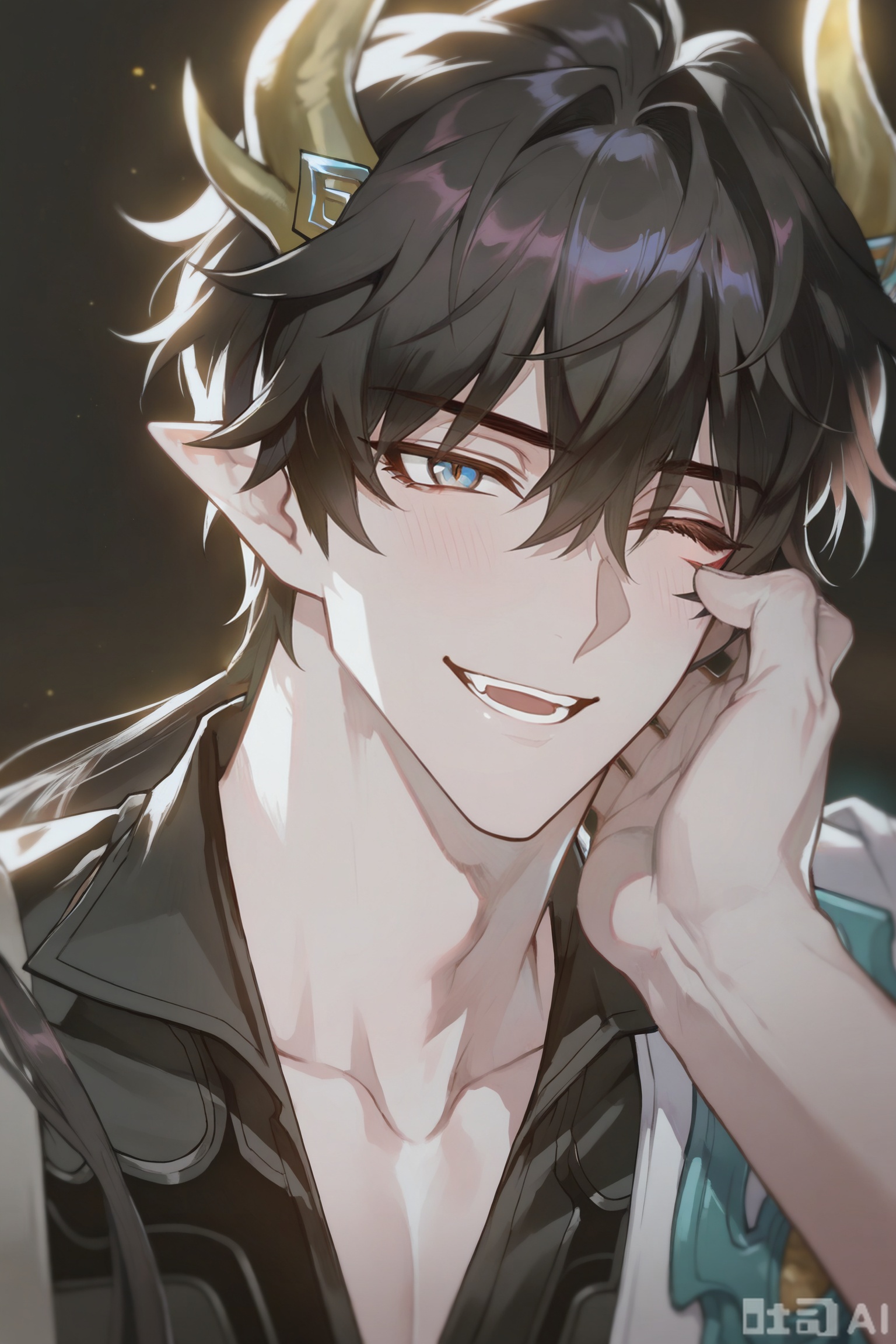 xiao zhi tiao,(artist:mazjojo:0.77),(artist:pigeon666:0.70),(artist:zawar379:0.83),(artist:remsrar:0.65),(artist:chimmyming:0.72),masterpiece,best quality,male focus,hd,4kamazing quality,very aesthetic,bust,high resolution,ultra-detailed,perfect lighting,volumetric lighting,(dark lighting),shadowing,(good shadowing),cinematic lighting,cinematic,shading,shallow,absurdres,newest,scenery,depth of field,1boy,1male,(((solo))),looking at viewer,Silver dog tag masterpiece,((dog ears, dog tail)),((smile, happy, laugh)),
,
BREAK,((muscular male,bara,broad shoulders,(mature:1.3),(a soft, loving gaze:1.3),(looking directly into viewer's eyes:1.2),(slight blush),official alternate costume,
(masculine charisma:1.4),(sensual:1.3),(intimate atmosphere:1.4),plain white background,simple background,(minimalist:1.2),studio shot,from viewer's perspective,(POV:1.2),(portrait:1.2),face_focus,(close-up:1.3),(slight head tilt:1.2),( resting his cheek and jaw in the palm of the viewer's hand:1.4),(holds the viewer's hand against his cheek:1.3),
(background is a clean, solid white, creating a high-fashion, minimalist feel. The atmosphere is stylish, clean, and carries a hint of playful seduction),(full head:1.1),(no cut:1.1),(space above head:1.2))

Warm colors
,
danmei,xiaozhitiao,,Xiaozhitiao,smelly,dianmei,dan_heng,leg loops,Grey eyes,Green Dragon Tail,Black tight fitting clothes,dragon horns,fingerless gloves,pants,belt,pointy ears,horns,boots,earrings,ponytail,jewelry,gloves,long sleeves,long hai,hair between eyes