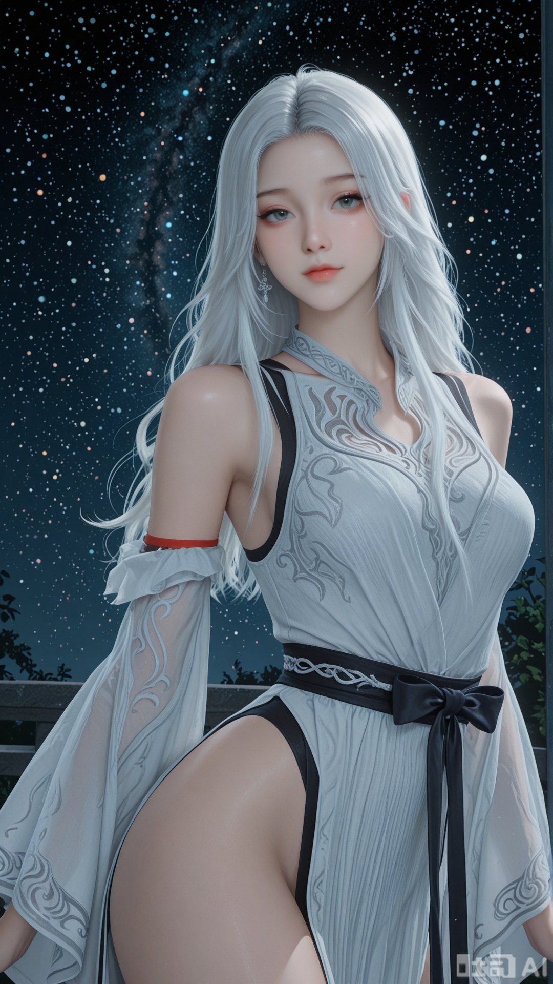 1girl, solo, YY1 clothes, exquisite skin, upper, looking at viewer, even illumination, very awa, starry sky background,