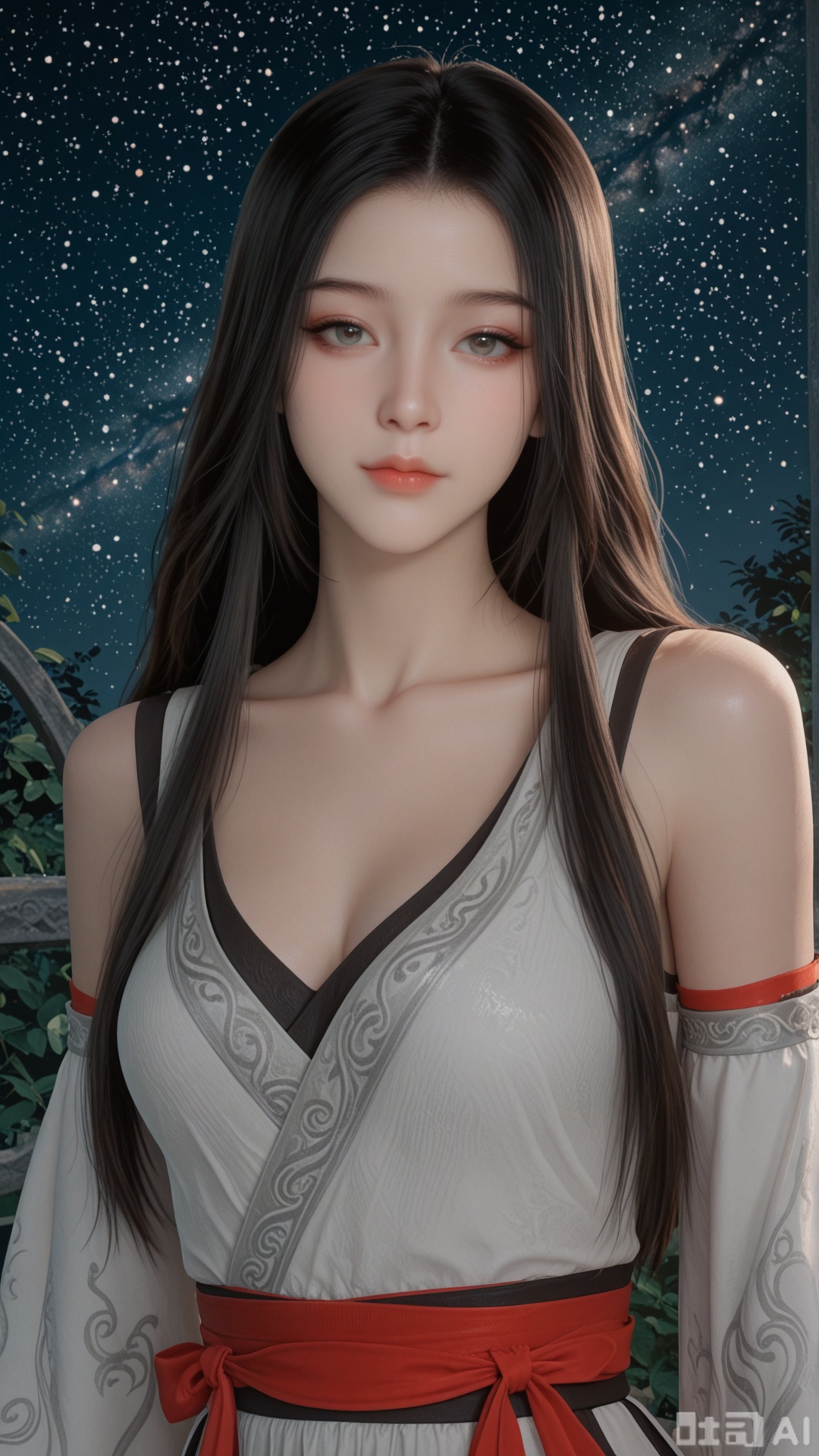 1girl, solo, YY1 clothes, exquisite skin, upper, looking at viewer, even illumination, very awa, starry sky background,