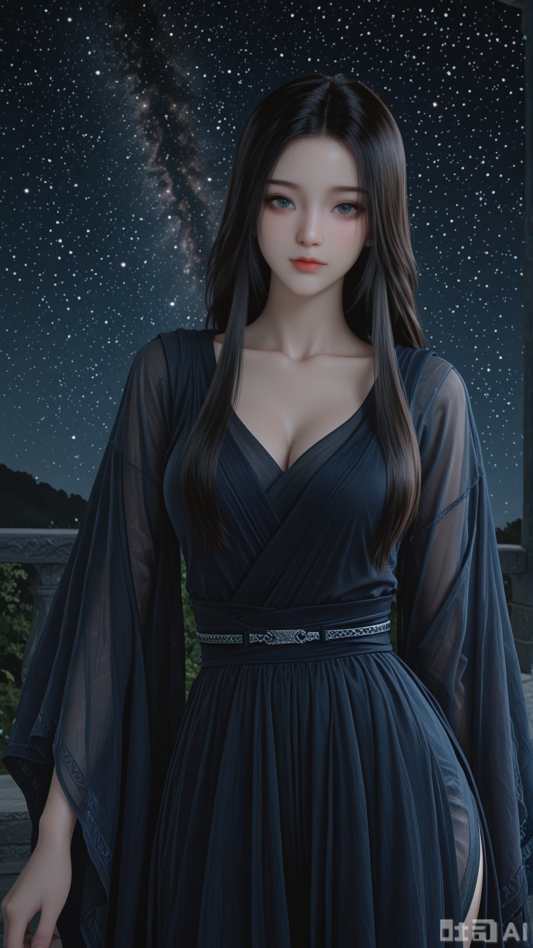 1girl, solo, YY clothes, exquisite skin, cowboy_shot, looking at viewer, even illumination, very awa, starry sky background,