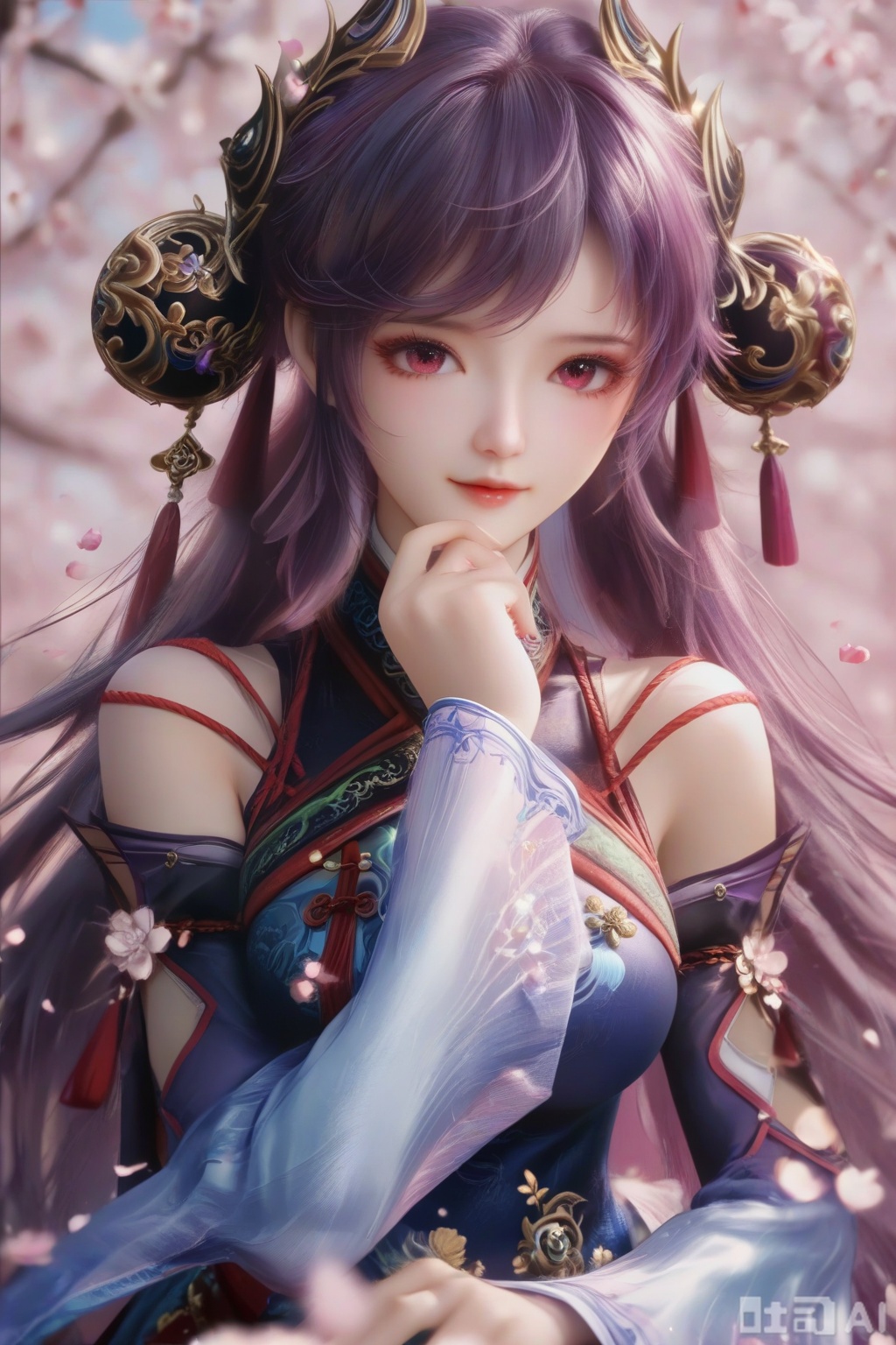 masterpiece, best quality, masterpiece,best quality,official art,extremely detailed CG unity 8k wallpaper, ,1girl,solo,looking at viewer,long hair,purple hair,hair ornament,dress,detached sleeves,lips,Cherry Blossoms,petals,pink background,pink theme,(facing viewer:1.3),(happiness:1.2),happiness,happiness,chinese clothes,pov,hand on own chest, finger,on stomach