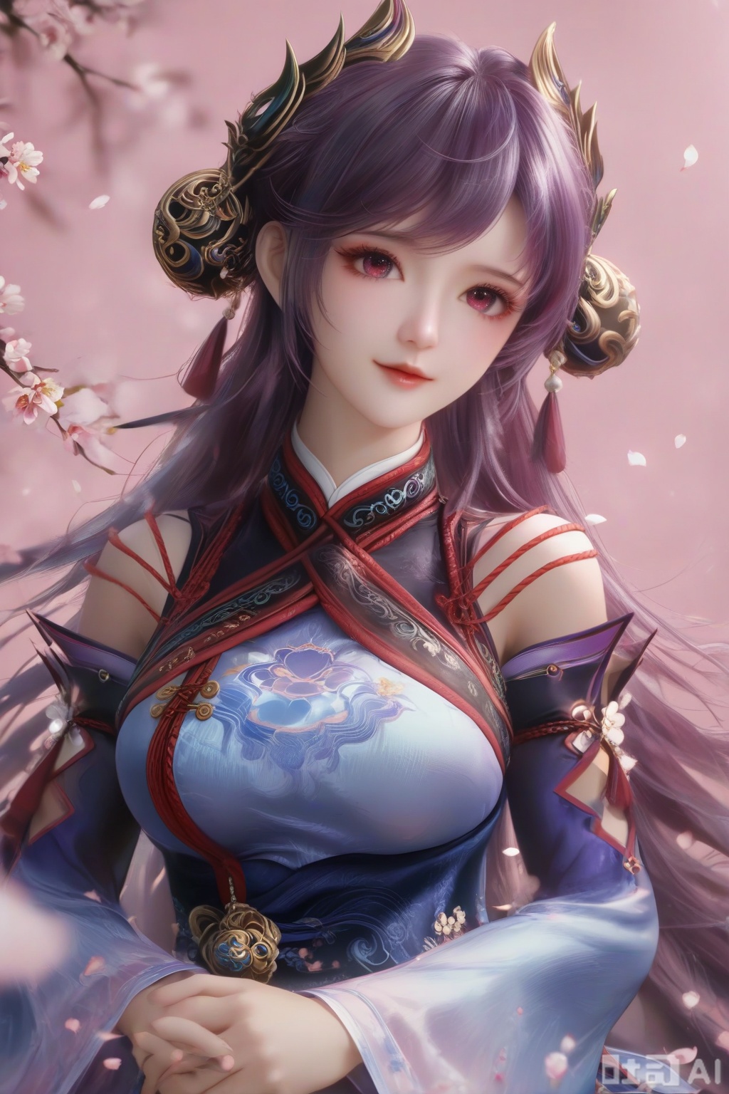 masterpiece, best quality, masterpiece,best quality,official art,extremely detailed CG unity 8k wallpaper, ,1girl,solo,looking at viewer,long hair,purple hair,hair ornament,dress,detached sleeves,lips,Cherry Blossoms,petals,pink background,pink theme,(facing viewer:1.3),(happiness:1.2),happiness,happiness,chinese clothes,pov,hand on own chest, finger,on stomach