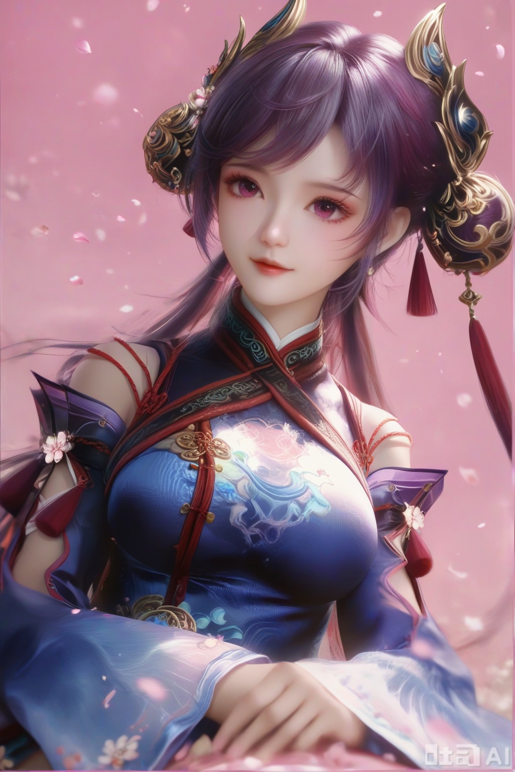 masterpiece, best quality, masterpiece,best quality,official art,extremely detailed CG unity 8k wallpaper, ,1girl,solo,looking at viewer,long hair,purple hair,hair ornament,dress,detached sleeves,lips,Cherry Blossoms,petals,pink background,pink theme,(facing viewer:1.3),(happiness:1.2),happiness,happiness,chinese clothes,pov,hand on own chest, finger,on stomach