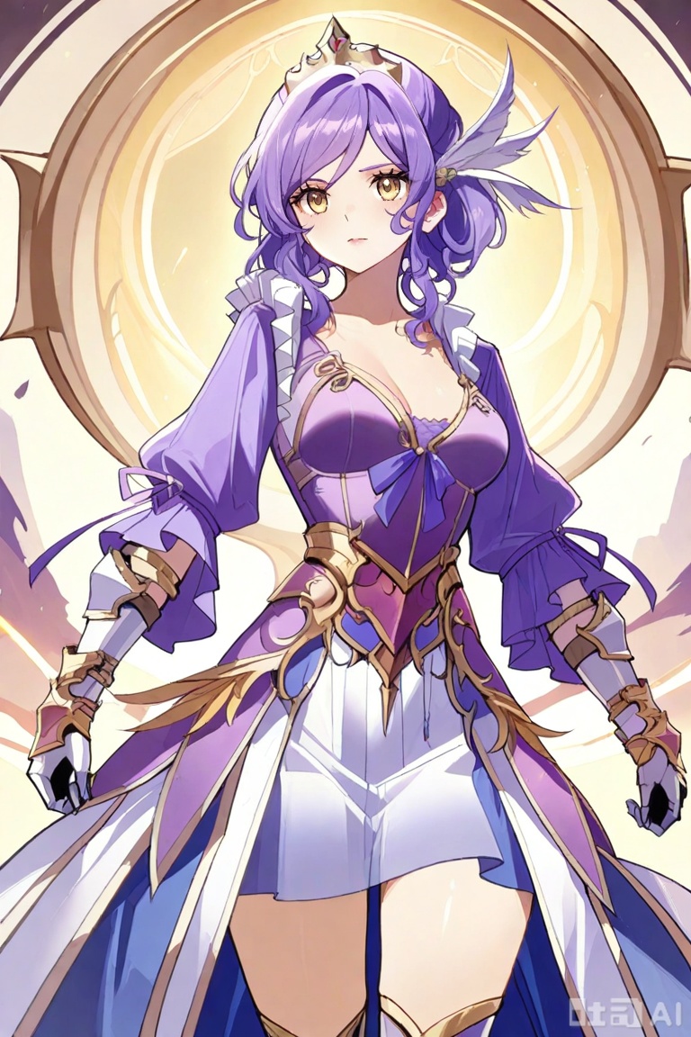 1girl,solo, yellow eyes, purple hair, tiara, feather hair ornament, armored dress, blue skirt, arm armor, gauntlets, armored boots
 Gong_Dress, yellow eyes, purple hair, frills, purple dress, long sleeves, white skirt, 宫鸾羽,