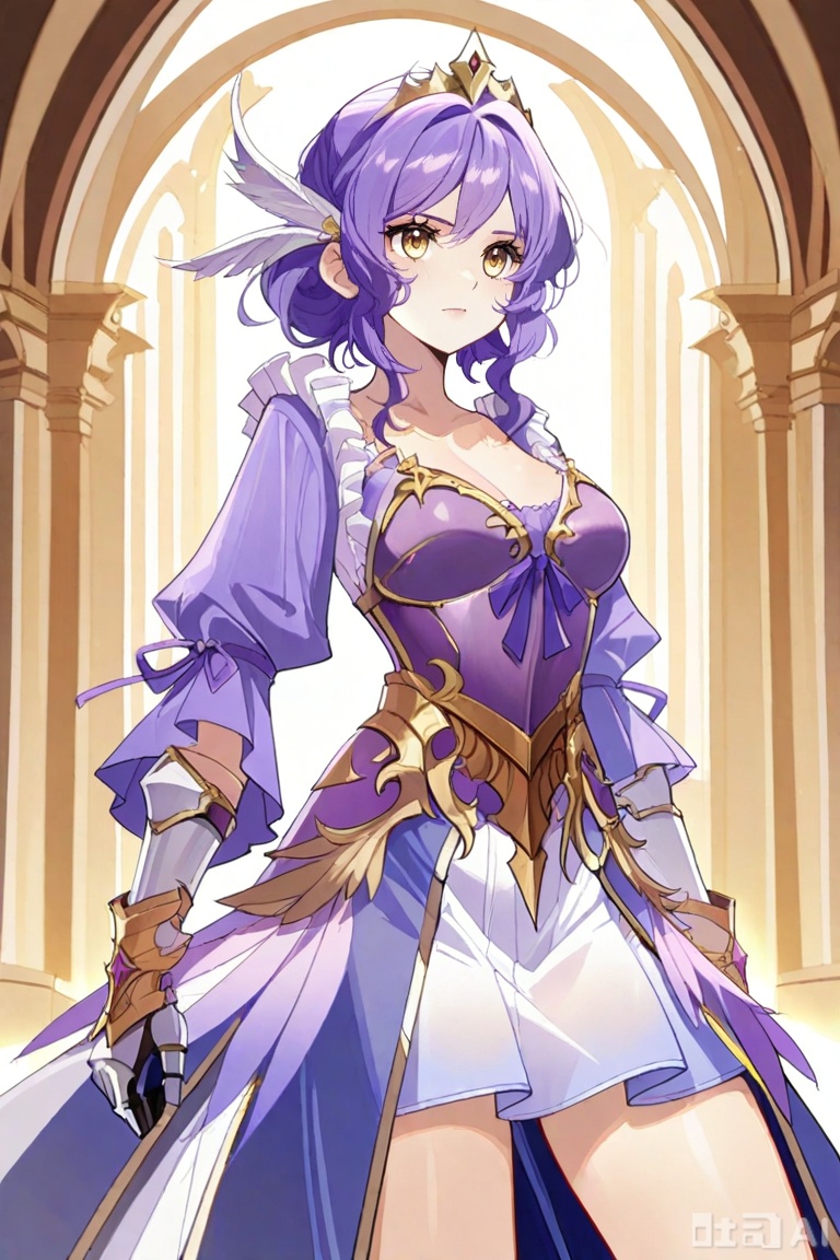 1girl,solo, yellow eyes, purple hair, tiara, feather hair ornament, armored dress, blue skirt, arm armor, gauntlets, armored boots
 Gong_Dress, yellow eyes, purple hair, frills, purple dress, long sleeves, white skirt, 宫鸾羽,