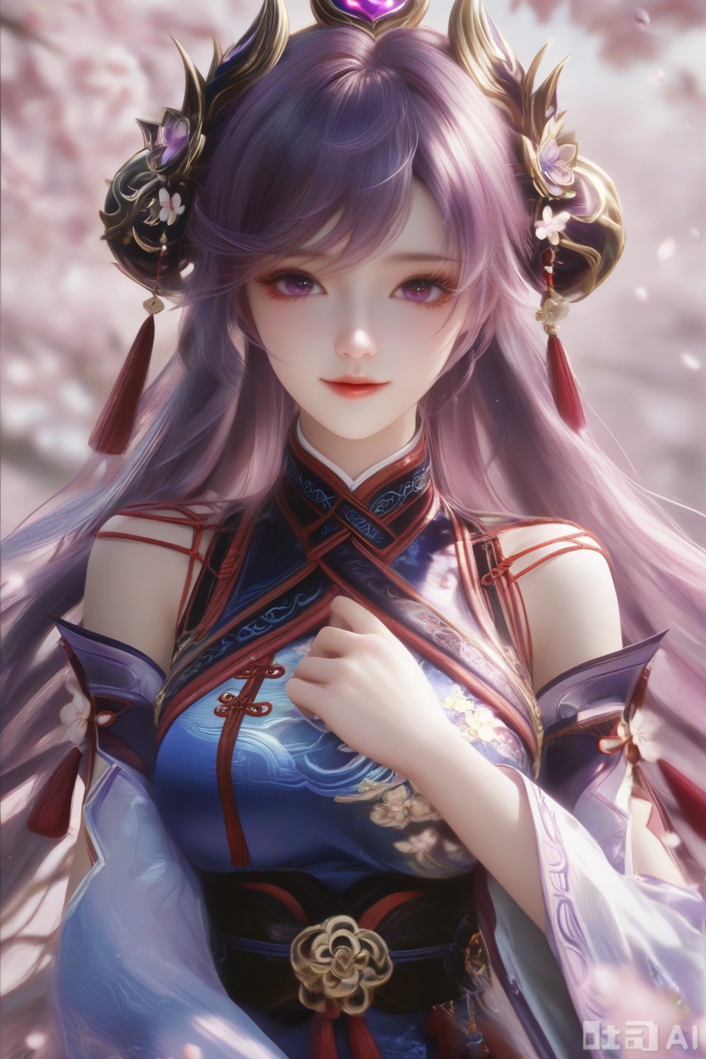 masterpiece, best quality, masterpiece,best quality,official art,extremely detailed CG unity 8k wallpaper, ,1girl,solo,looking at viewer,long hair,purple hair,hair ornament,dress,detached sleeves,lips,Cherry Blossoms,petals,pink background,pink theme,(facing viewer:1.3),(happiness:1.2),happiness,happiness,chinese clothes,pov,hand on own chest, finger