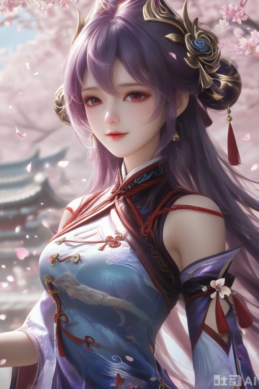 masterpiece, best quality, masterpiece,best quality,official art,extremely detailed CG unity 8k wallpaper, ,1girl,solo,looking at viewer,long hair,purple hair,hair ornament,dress,detached sleeves,lips,Cherry Blossoms,petals,pink background,pink theme,(facing viewer:1.3),(happiness:1.2),happiness,happiness,chinese clothes,pov,hand on own chest, finger