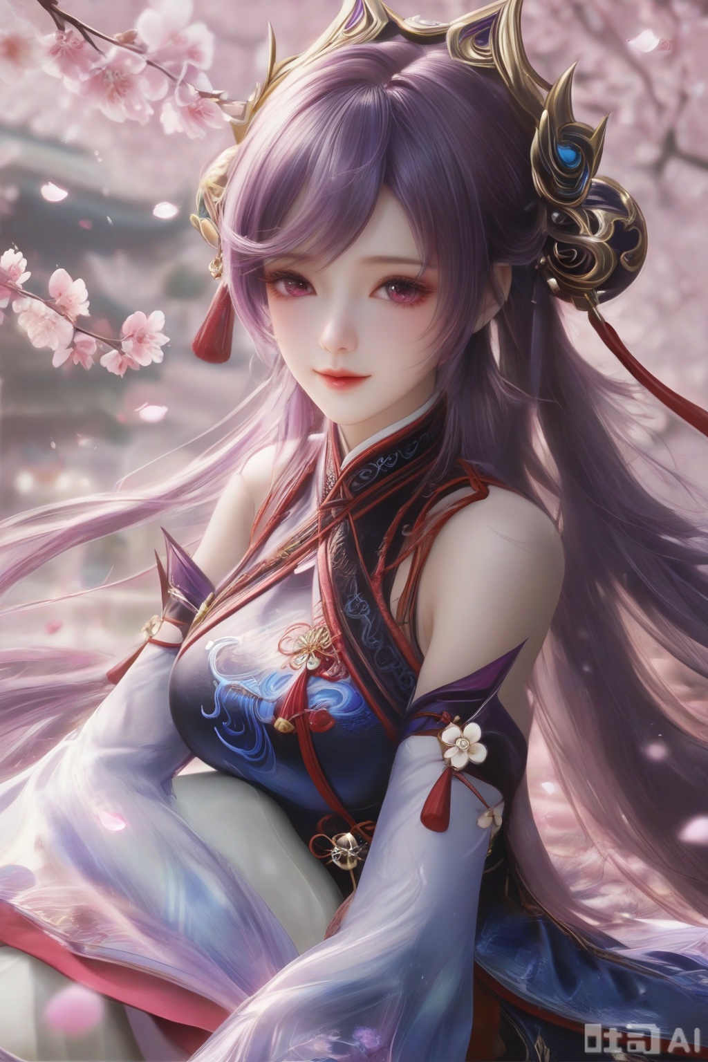 masterpiece, best quality, masterpiece,best quality,official art,extremely detailed CG unity 8k wallpaper, ,1girl,solo,looking at viewer,long hair,purple hair,hair ornament,dress,detached sleeves,lips,Cherry Blossoms,petals,pink background,pink theme,(facing viewer:1.3),(happiness:1.2),happiness,happiness,chinese clothes,pov,hand on own chest, finger,on stomach