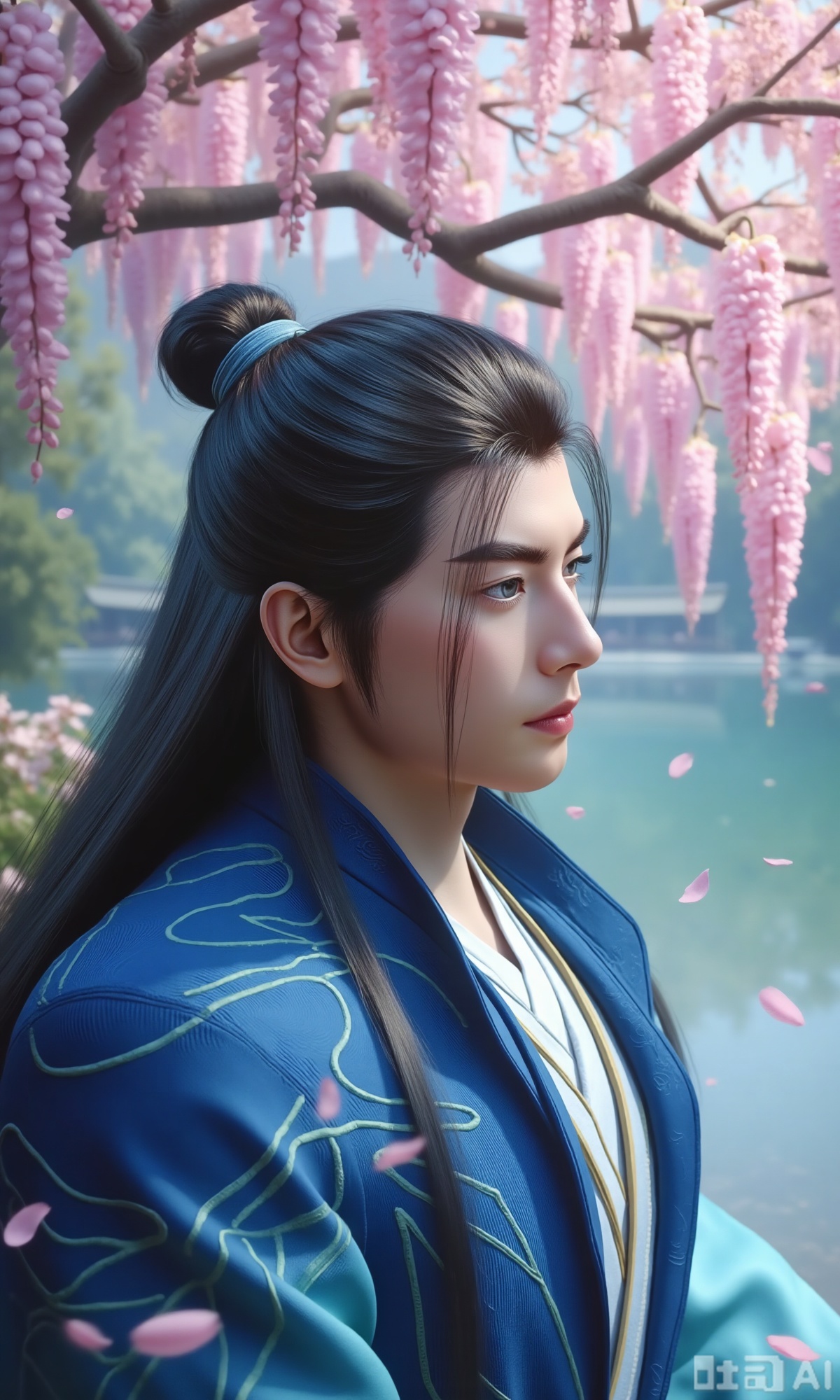 (masterpiece,best quality:1.23), a graceful young man in Hanfu, jet-black long hair, peach blossom forest, lakeside, falling petals, wisteria,Xzhanyihanli,Xhanlaomo,Xhanlizhanyi,Xhanlichangfu,XhanliYY,Xhanliyuanying