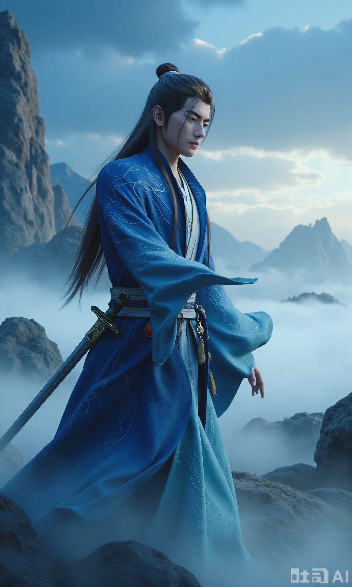 (masterpiece,best quality:1.23), a majestic man in Hanfu, long hair, with a sword, mystical clouds and fog, distant mountains background,,Xzhanyihanli,Xhanlaomo,Xhanlizhanyi,Xhanlichangfu,XhanliYY,Xhanliyuanying