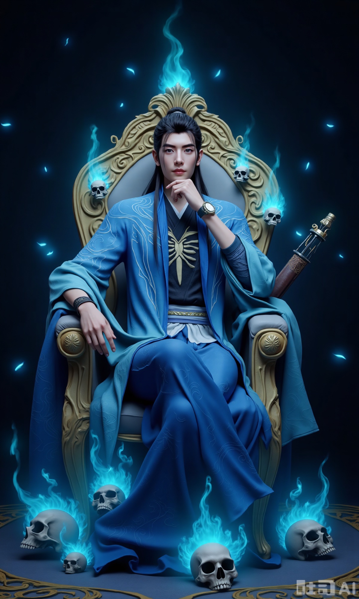 1boy,  The character is dressed in a traditional outfit,  consisting of a light blue robe with intricate patterns and a bl...