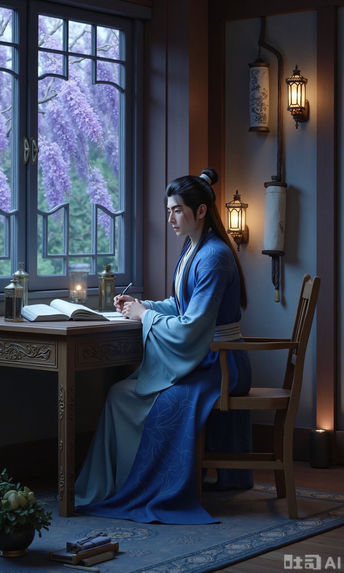 (masterpiece,best quality:1.23),ancient Chinese youth, tall and slender, hanfu, writing with a brush, inside a scholarly study with a wisteria window view, scrolls and books, soft shadows, peaceful atmosphere,,Xzhanyihanli,Xhanlaomo,Xhanlizhanyi,Xhanlichangfu,XhanliYY,Xhanliyuanying