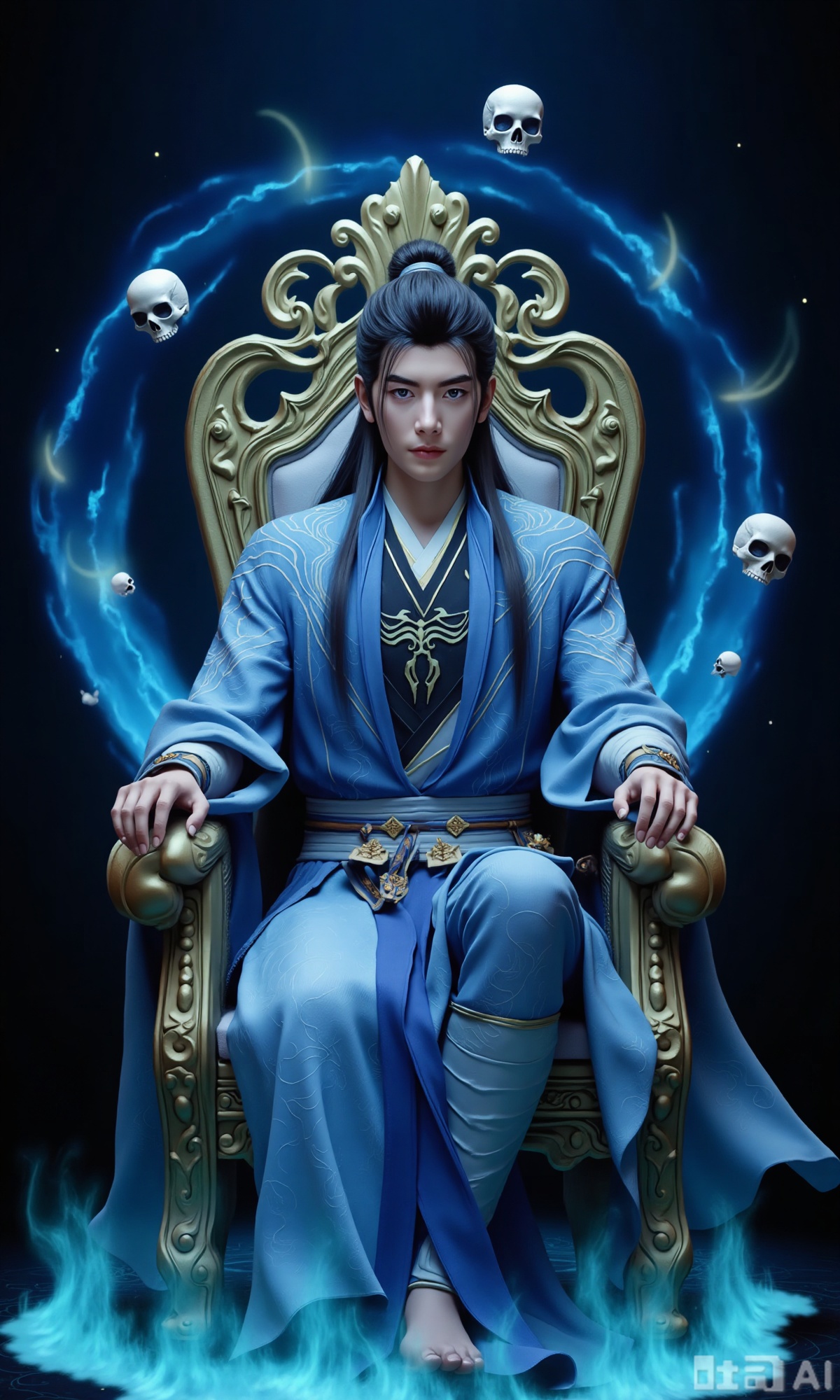 1boy,  The character is dressed in a traditional outfit,  consisting of a light blue robe with intricate patterns and a bl...