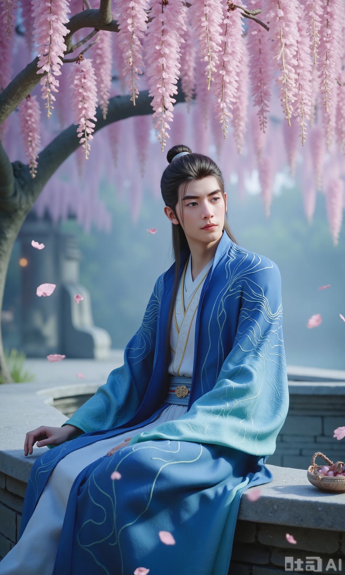 (masterpiece,best quality:1.23),ancient Chinese youth, tall and slender, hanfu, sitting under a cherry blossom tree and wisteria, falling petals, soft focus, out-of-focus background, dreamlike and romantic,,,Xzhanyihanli,Xhanlaomo,Xhanlizhanyi,Xhanlichangfu,XhanliYY,Xhanliyuanying