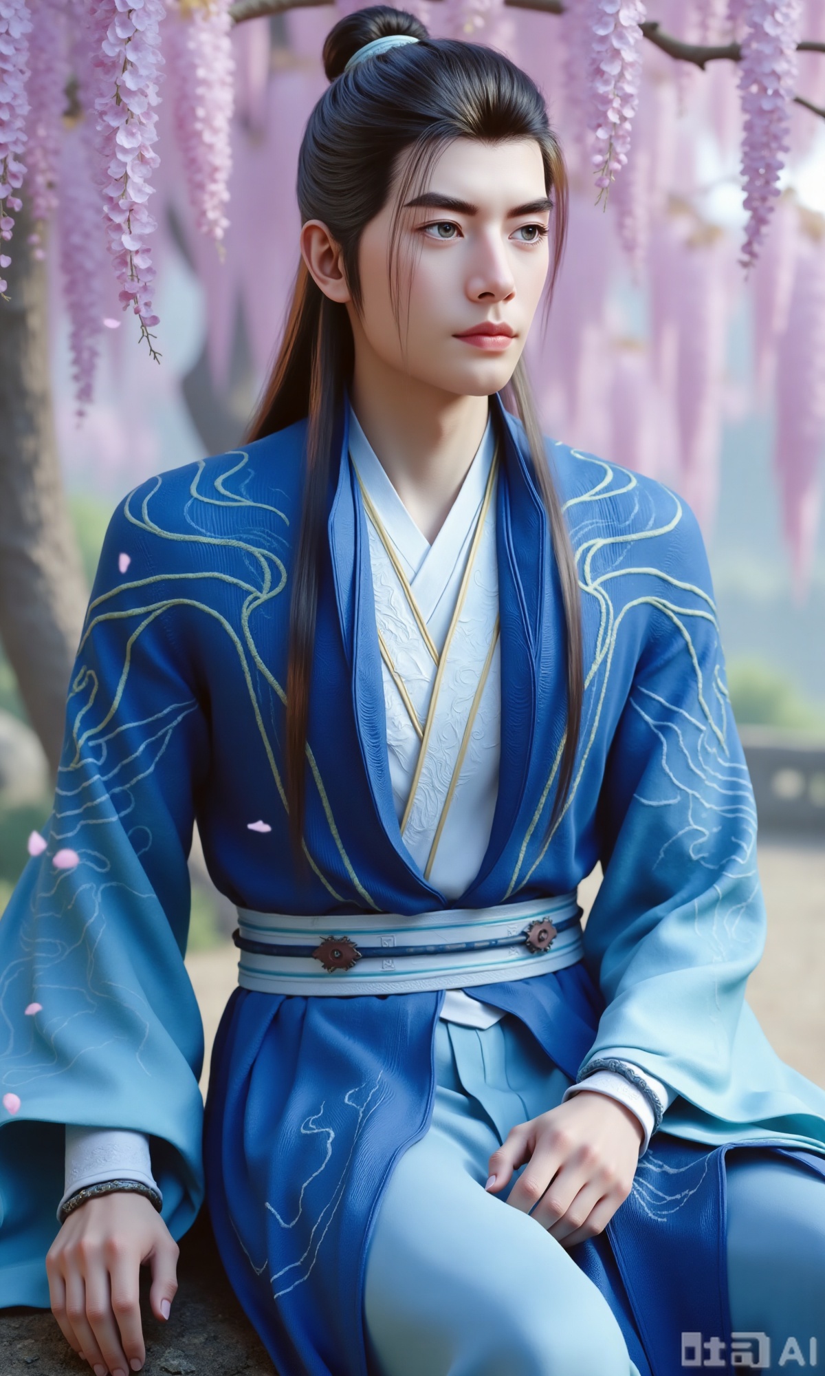 (masterpiece,best quality:1.23),ancient Chinese youth, tall and slender, hanfu, sitting under a cherry blossom tree and wisteria, falling petals, soft focus, out-of-focus background, dreamlike and romantic,,,Xzhanyihanli,Xhanlaomo,Xhanlizhanyi,Xhanlichangfu,XhanliYY,Xhanliyuanying