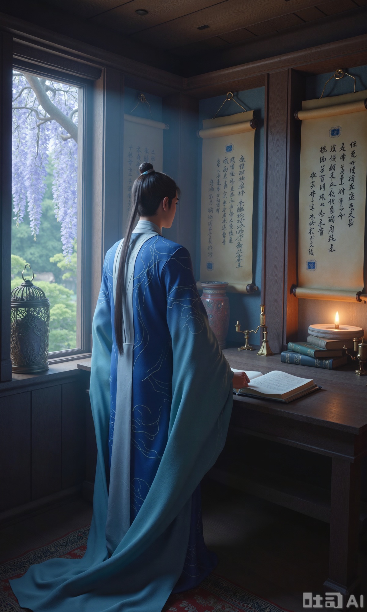 (masterpiece,best quality:1.23),ancient Chinese youth, tall and slender, hanfu, writing with a brush, inside a scholarly study with a wisteria window view, scrolls and books, soft shadows, peaceful atmosphere,,Xzhanyihanli,Xhanlaomo,Xhanlizhanyi,Xhanlichangfu,XhanliYY,Xhanliyuanying