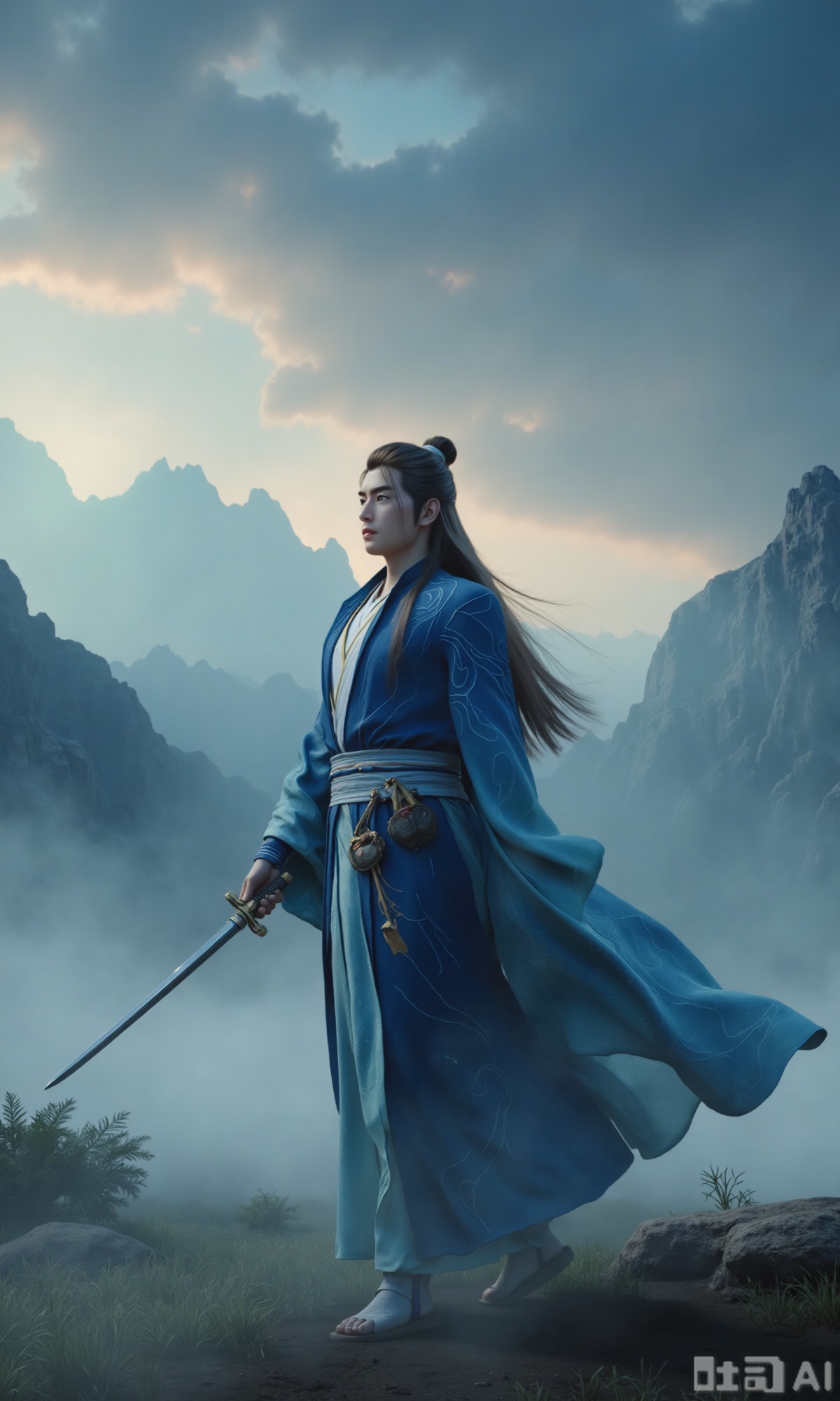 (masterpiece,best quality:1.23), a majestic man in Hanfu, long hair, with a sword, mystical clouds and fog, distant mountains background,,Xzhanyihanli,Xhanlaomo,Xhanlizhanyi,Xhanlichangfu,XhanliYY,Xhanliyuanying