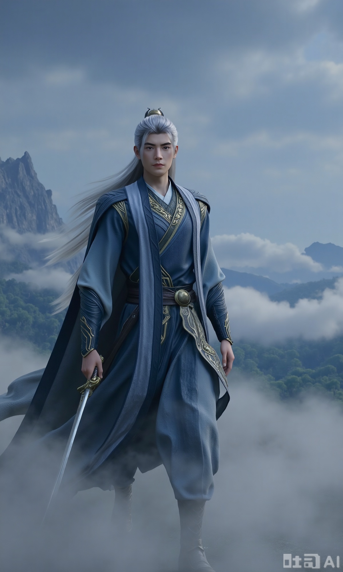  (masterpiece,best quality:1.23), a majestic man in Hanfu, silver long hair, with a sword, mystical clouds and fog, distant mountains background,Xzhanyihanli,Xhanlaomo,Xhanlizhanyi,Xhanlichangfu