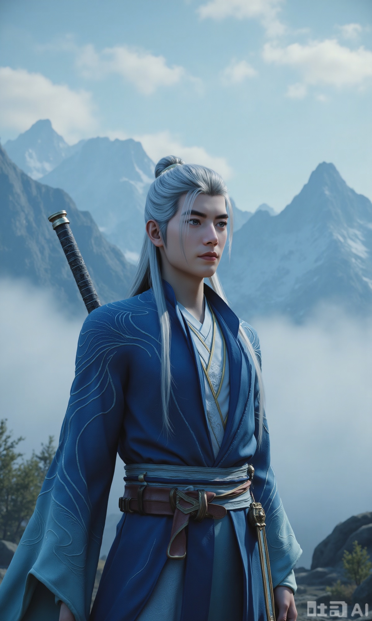  (masterpiece,best quality:1.23), a majestic man in Hanfu, silver long hair, with a sword, mystical clouds and fog, distant mountains background,Xzhanyihanli,Xhanlaomo,Xhanlizhanyi,Xhanlichangfu