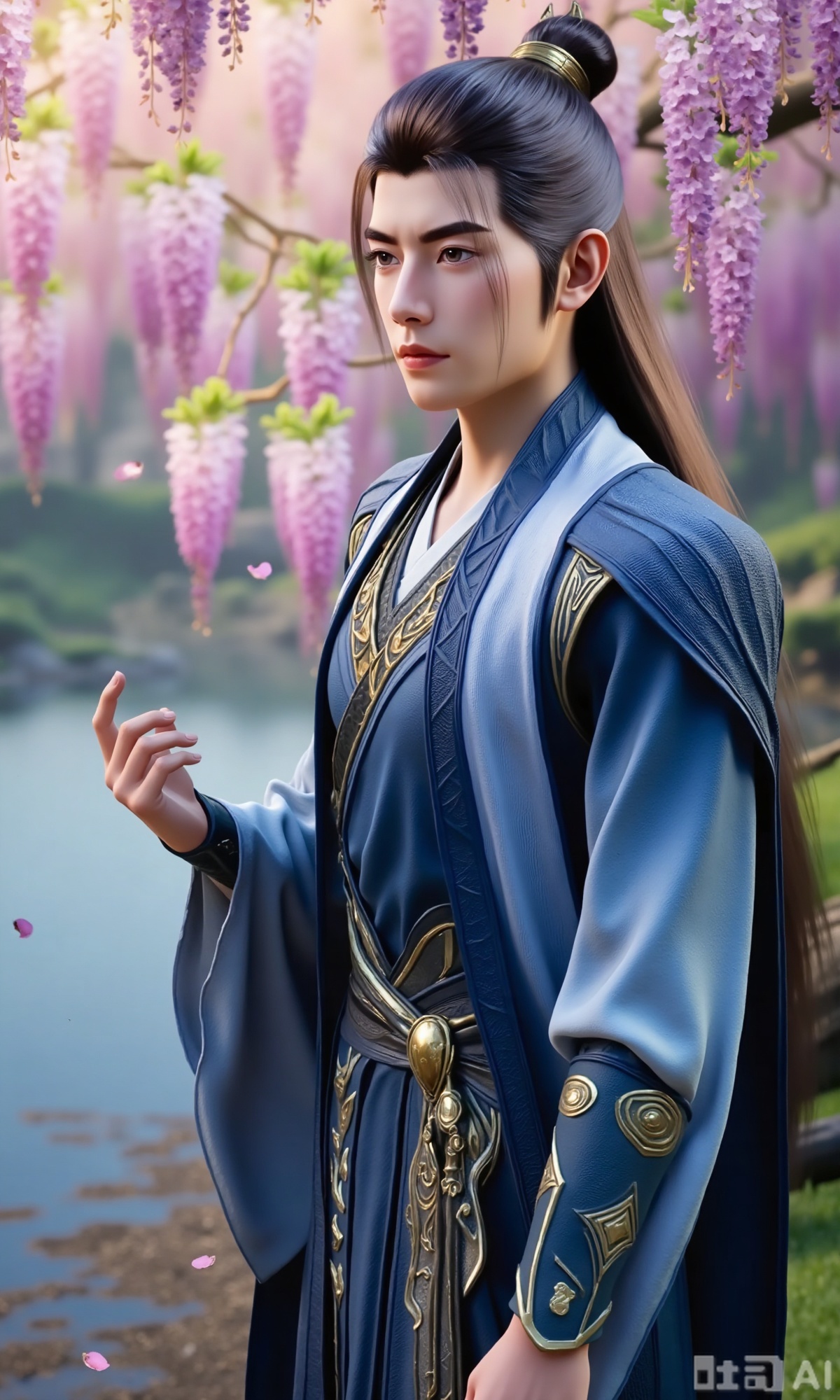 (masterpiece,best quality:1.23), a graceful young man in Hanfu, jet-black long hair, peach blossom forest, lakeside, falling petals, wisteria,Xzhanyihanli,Xhanlaomo,Xhanlizhanyi,Xhanlichangfu