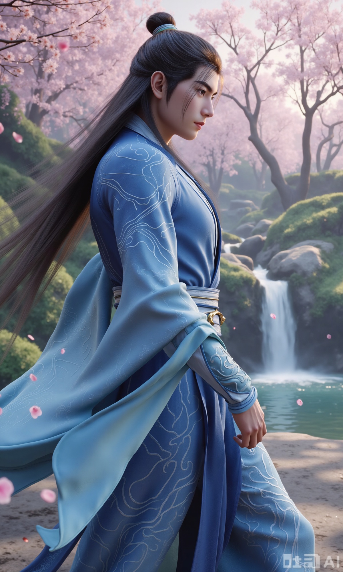 ,(masterpiece,best quality:1.23), a graceful young man in Hanfu, jet-black long hair, peach blossom forest, lakeside, falling petals, waterfall,,Xzhanyihanli,Xhanlaomo,Xhanlizhanyi,Xhanlichangfu