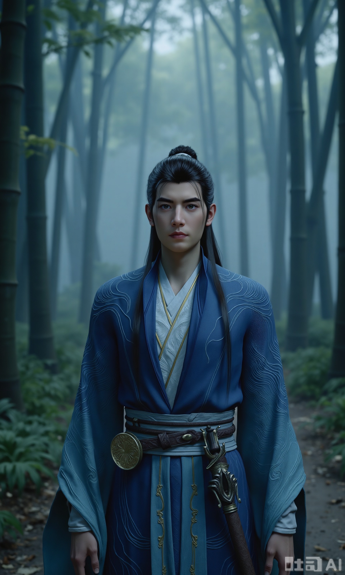 (masterpiece,best quality:1.23), hanfu, ancient style, male, swordsman, mountain forest background, misty, bamboo forest, handsome, cold, detailed, high quality, 8k,,Xzhanyihanli,Xhanlaomo,Xhanlizhanyi,Xhanlichangfu