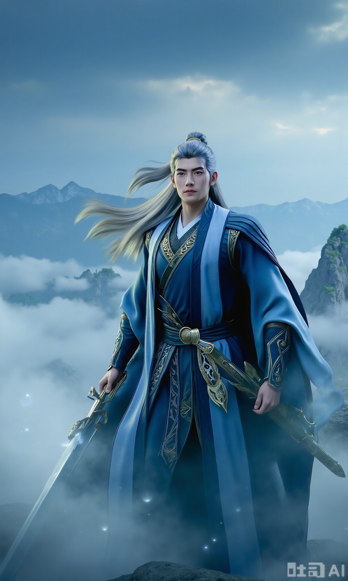  (masterpiece,best quality:1.23), a majestic man in Hanfu, silver long hair, with a sword, mystical clouds and fog, distant mountains background,Xzhanyihanli,Xhanlaomo,Xhanlizhanyi,Xhanlichangfu