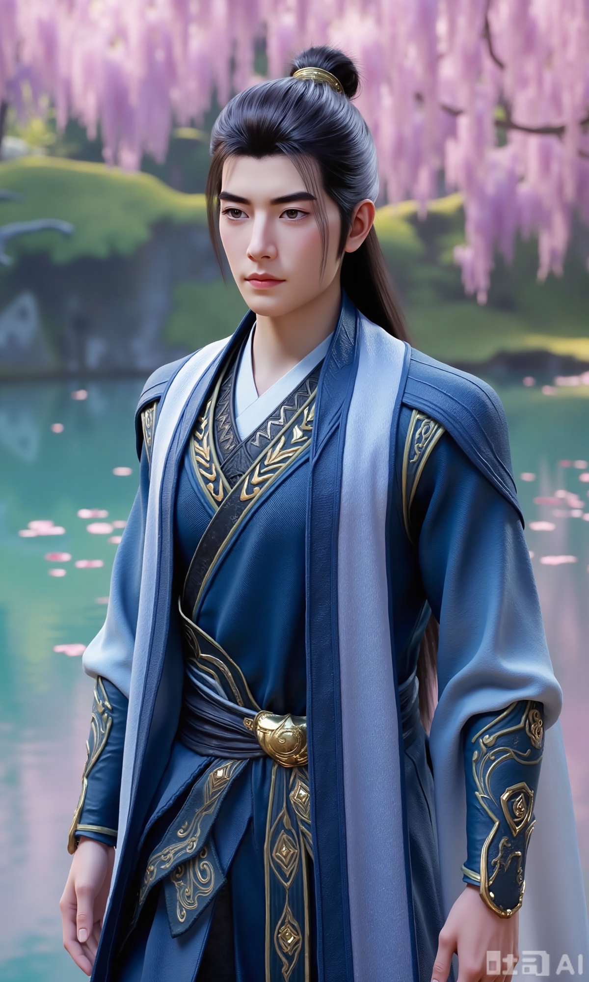 (masterpiece,best quality:1.23), a graceful young man in Hanfu, jet-black long hair, peach blossom forest, lakeside, falling petals, wisteria,Xzhanyihanli,Xhanlaomo,Xhanlizhanyi,Xhanlichangfu
