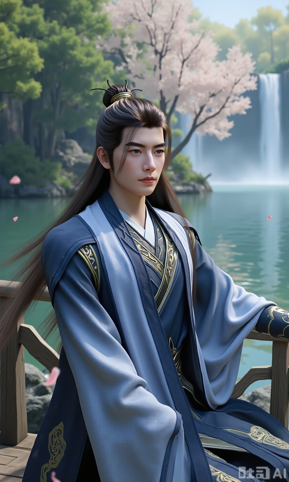 ,(masterpiece,best quality:1.23), a graceful young man in Hanfu, jet-black long hair, peach blossom forest, lakeside, falling petals, waterfall,,Xzhanyihanli,Xhanlaomo,Xhanlizhanyi,Xhanlichangfu