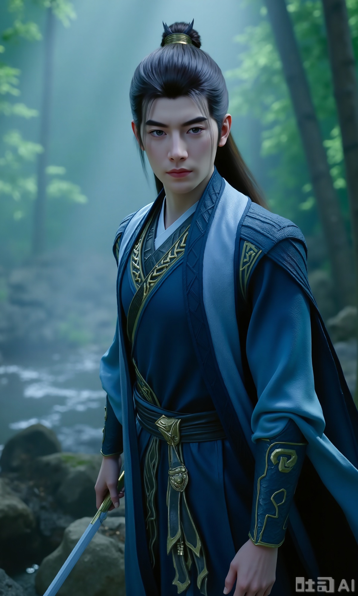 (masterpiece,best quality:1.23), hanfu, ancient style, male, swordsman, mountain forest background, misty, bamboo forest, handsome, cold, detailed, high quality, 8k,,Xzhanyihanli,Xhanlaomo,Xhanlizhanyi,Xhanlichangfu