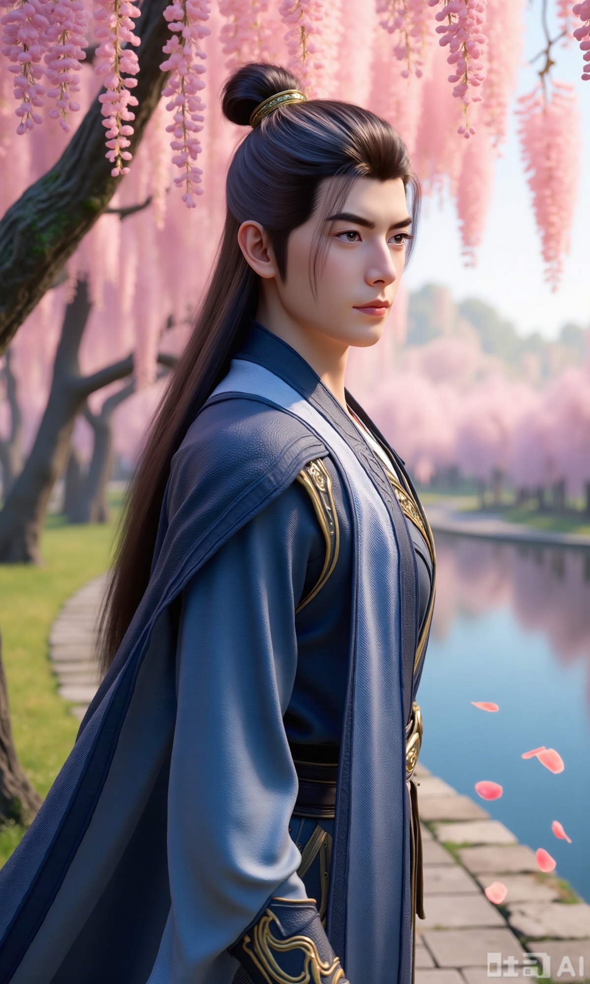 (masterpiece,best quality:1.23), a graceful young man in Hanfu, jet-black long hair, peach blossom forest, lakeside, falling petals, wisteria,Xzhanyihanli,Xhanlaomo,Xhanlizhanyi,Xhanlichangfu