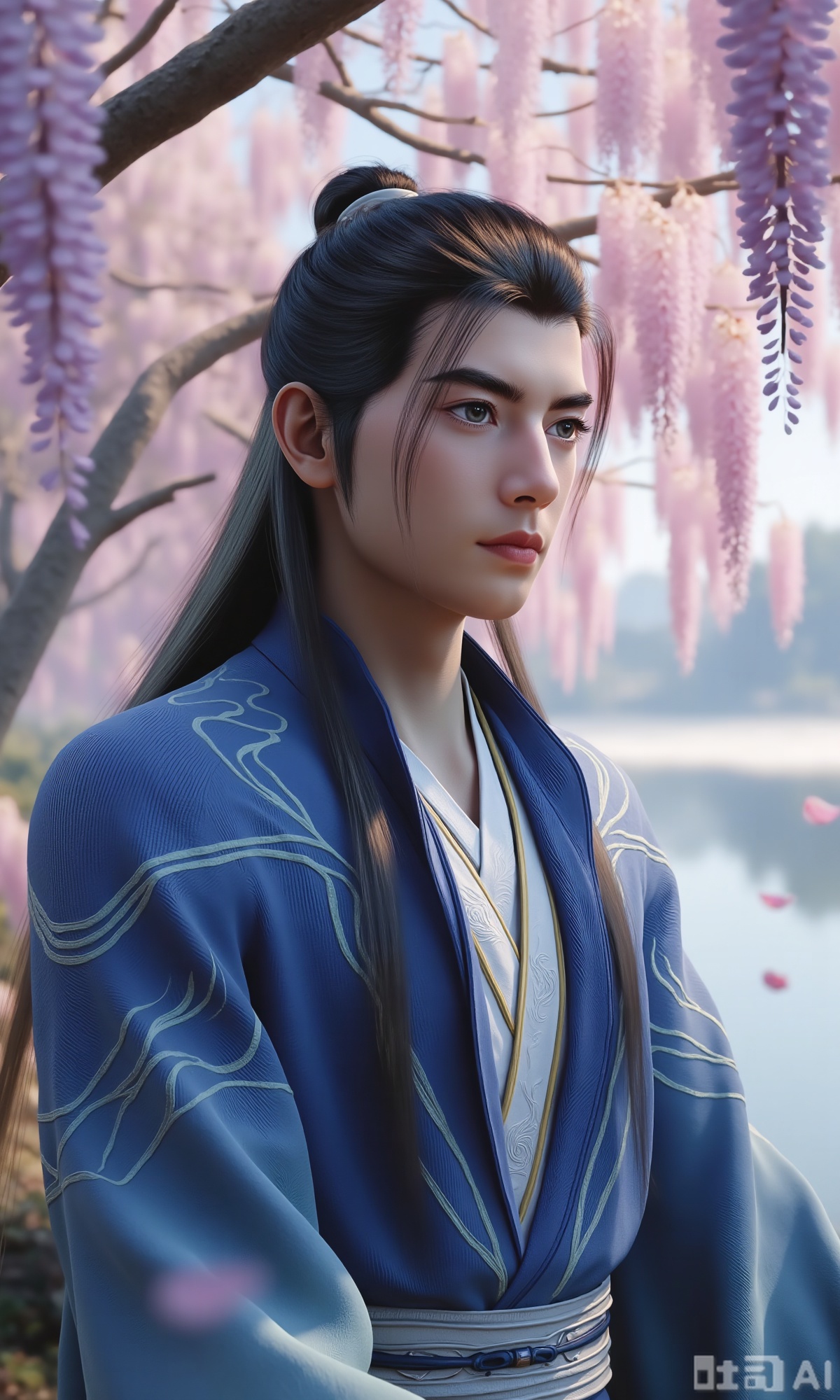 (masterpiece,best quality:1.23), a graceful young man in Hanfu, jet-black long hair, peach blossom forest, lakeside, falling petals, wisteria,Xzhanyihanli,Xhanlaomo,Xhanlizhanyi,Xhanlichangfu