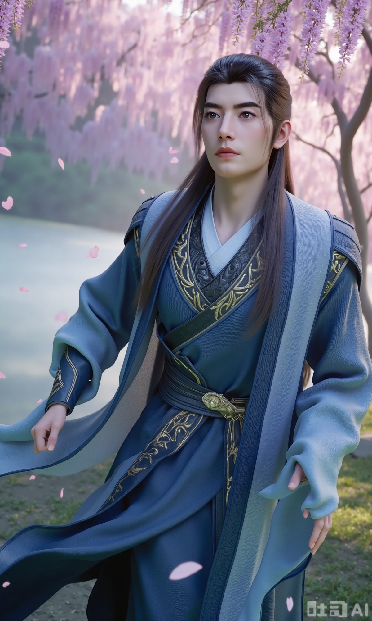 (masterpiece,best quality:1.23), a graceful young man in Hanfu, jet-black long hair, peach blossom forest, lakeside, falling petals, wisteria,Xzhanyihanli,Xhanlaomo,Xhanlizhanyi,Xhanlichangfu