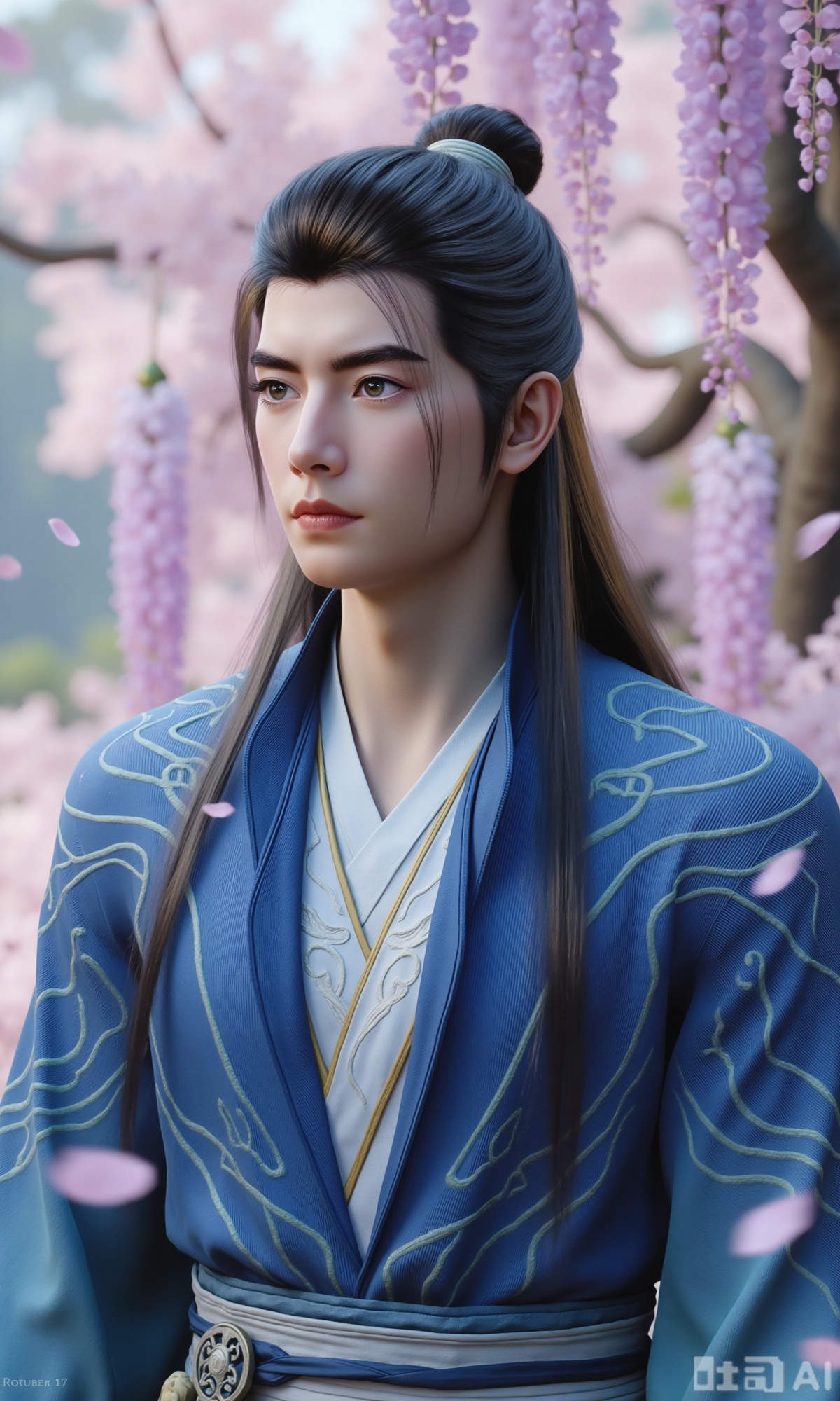 (masterpiece,best quality:1.23), a graceful young man in Hanfu, jet-black long hair, peach blossom forest, lakeside, falling petals, wisteria,Xzhanyihanli,Xhanlaomo,Xhanlizhanyi,Xhanlichangfu