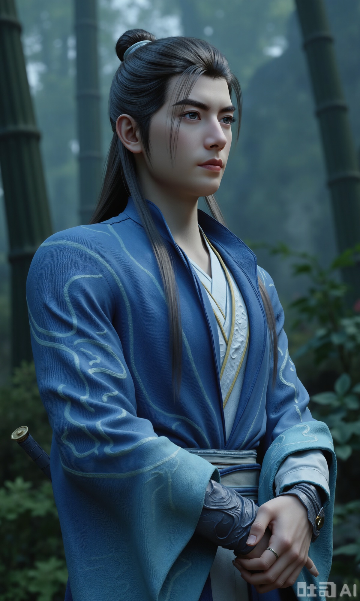 (masterpiece,best quality:1.23), hanfu, ancient style, male, swordsman, mountain forest background, misty, bamboo forest, handsome, cold, detailed, high quality, 8k,,Xzhanyihanli,Xhanlaomo,Xhanlizhanyi,Xhanlichangfu