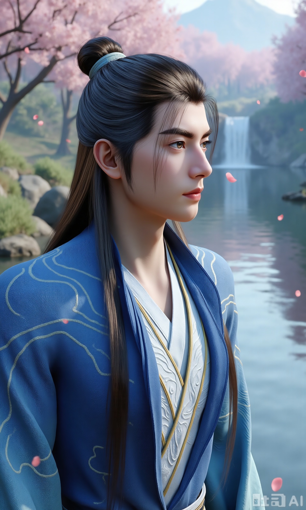 ,(masterpiece,best quality:1.23), a graceful young man in Hanfu, jet-black long hair, peach blossom forest, lakeside, falling petals, waterfall,,Xzhanyihanli,Xhanlaomo,Xhanlizhanyi,Xhanlichangfu