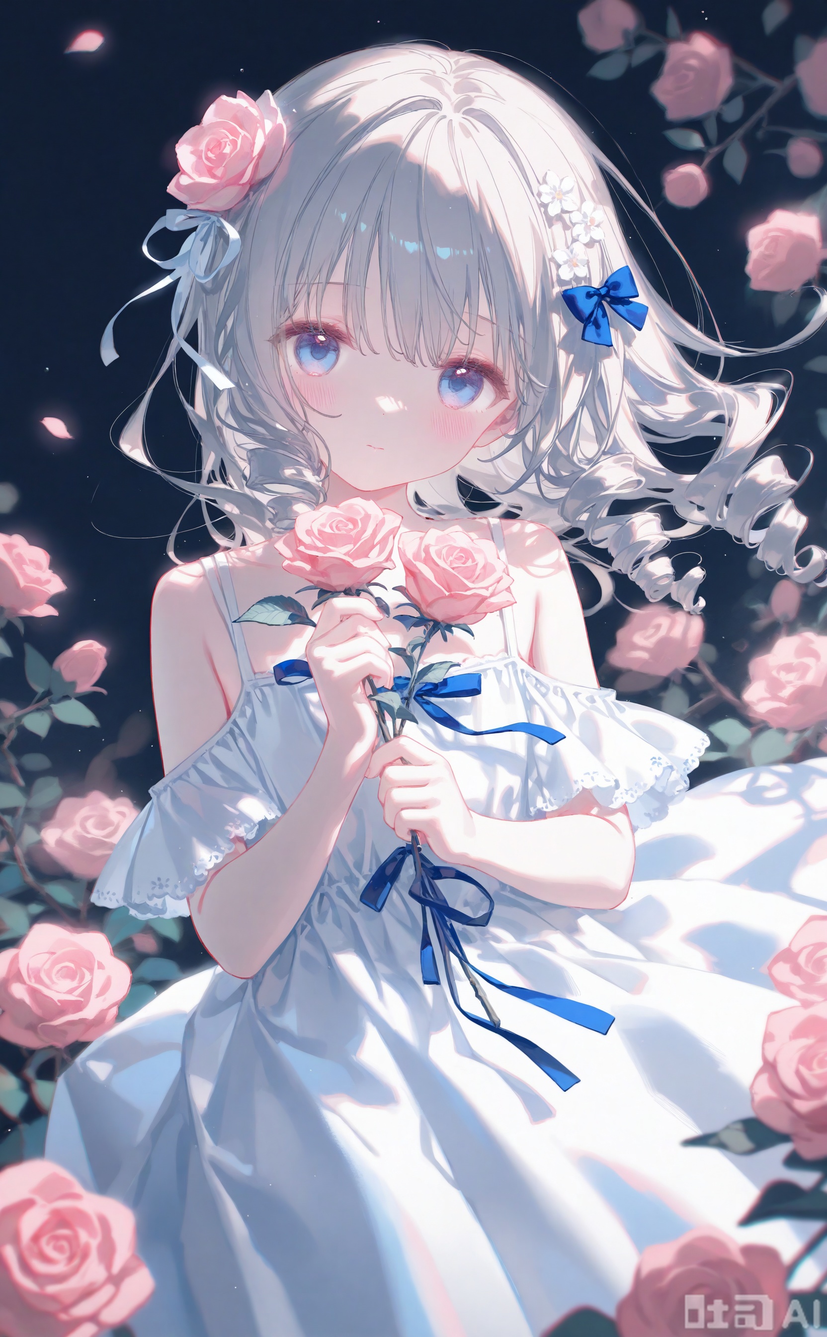 masterpiece,very aware,highres,absurdres,newest,best quality,loli,petite,high quality,chromatic_aberration,cinematic_angle,dutch angle, //,artist:ciloranko,artist:ningen_mame,artist:sho_(sho_lwlw),artist:rhasta,artist:wlop,artist:ke-ta,artist:hiten \(hitenkei\),//,1girl, solo, looking at viewer, bangs, blue eyes, hair ornament, dress, bow, ribbon, holding, bare shoulders, closed mouth, flower, hair bow, grey hair, hair flower, white dress, rose, drill hair, pink flower, branch, holding flower