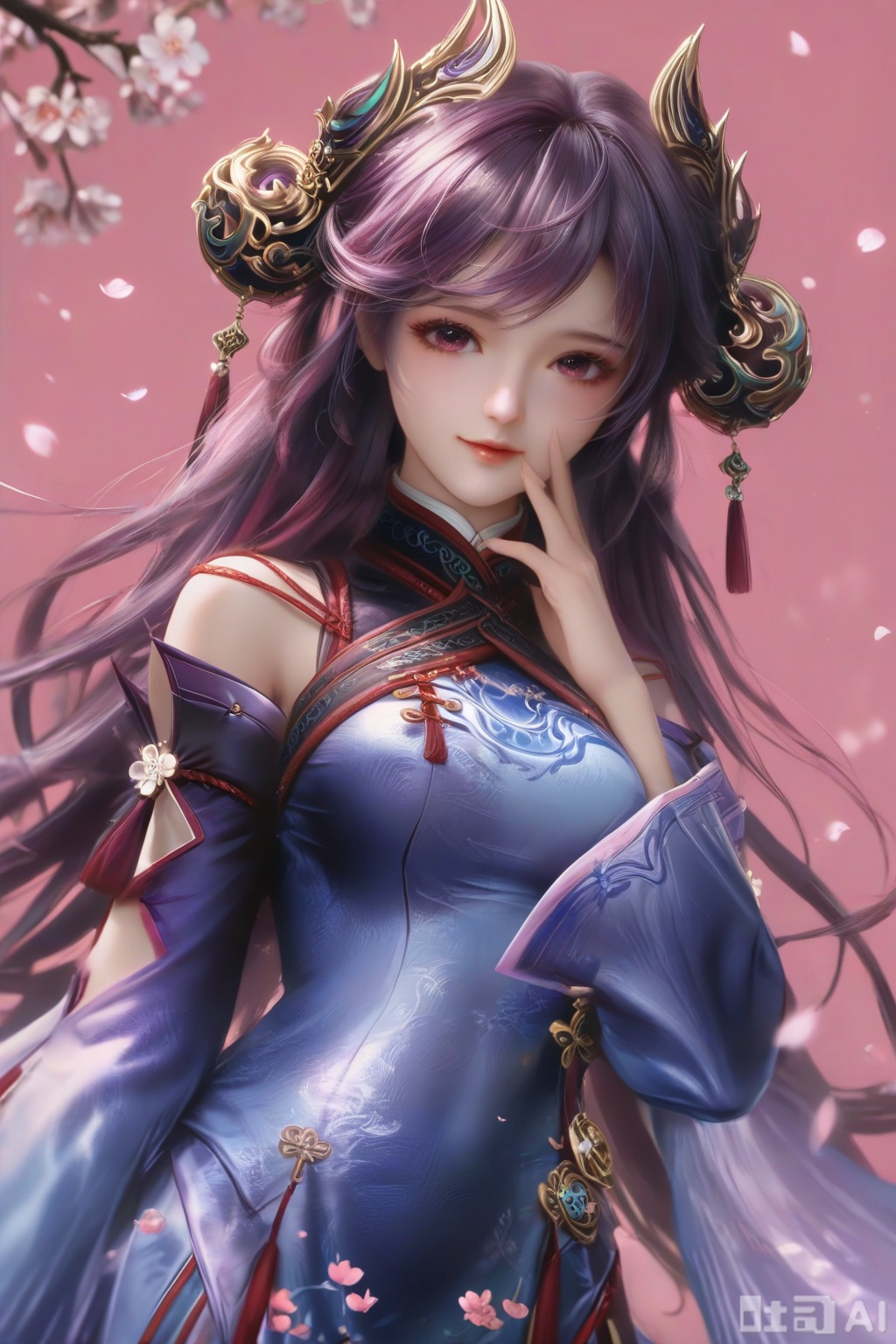 masterpiece, best quality, masterpiece,best quality,official art,extremely detailed CG unity 8k wallpaper, ,1girl,solo,looking at viewer,long hair,purple hair,hair ornament,dress,detached sleeves,lips,Cherry Blossoms,petals,pink background,pink theme,(facing viewer:1.3),(happiness:1.2),happiness,happiness,chinese clothes,pov,hand on own chest, 