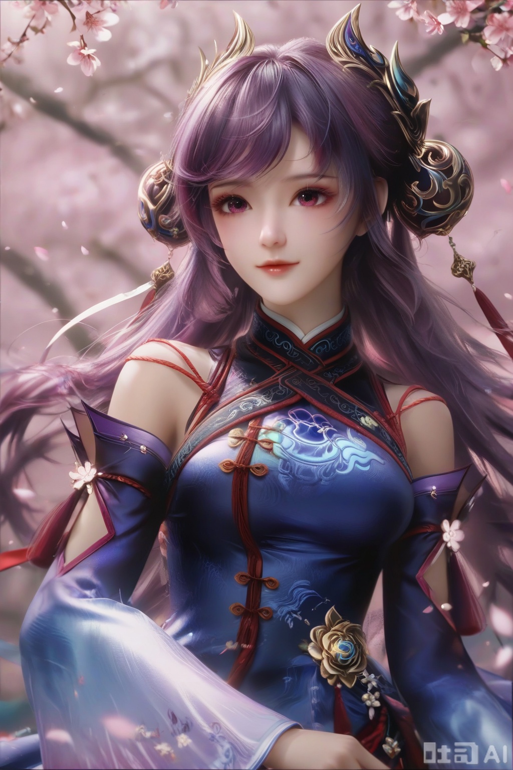 masterpiece, best quality, masterpiece,best quality,official art,extremely detailed CG unity 8k wallpaper, ,1girl,solo,looking at viewer,long hair,purple hair,hair ornament,dress,detached sleeves,lips,Cherry Blossoms,petals,pink background,pink theme,(facing viewer:1.3),(happiness:1.2),happiness,happiness,chinese clothes,pov,hand on own chest, finger