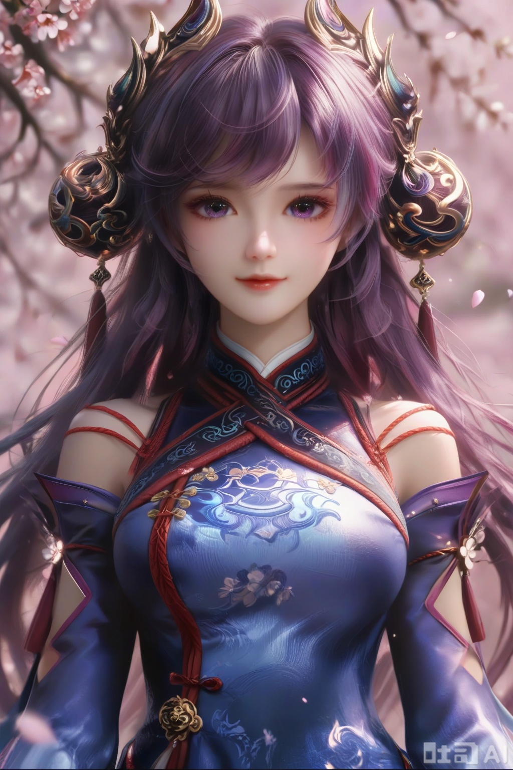 masterpiece, best quality, masterpiece,best quality,official art,extremely detailed CG unity 8k wallpaper, ,1girl,solo,looking at viewer,long hair,purple hair,hair ornament,dress,detached sleeves,lips,Cherry Blossoms,petals,pink background,pink theme,(facing viewer:1.3),(happiness:1.2),happiness,happiness,chinese clothes,pov,hand on own chest, 