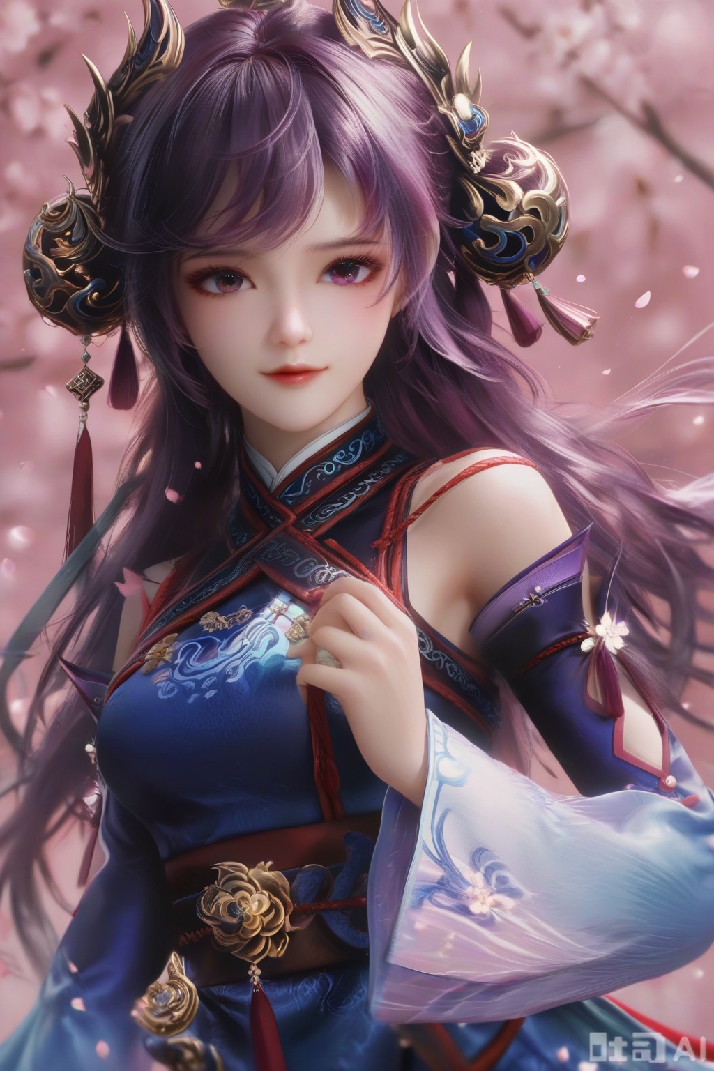 masterpiece, best quality, masterpiece,best quality,official art,extremely detailed CG unity 8k wallpaper, ,1girl,solo,looking at viewer,long hair,purple hair,hair ornament,dress,detached sleeves,lips,Cherry Blossoms,petals,pink background,pink theme,(facing viewer:1.3),(happiness:1.2),happiness,happiness,chinese clothes,pov,hand on own chest, finger