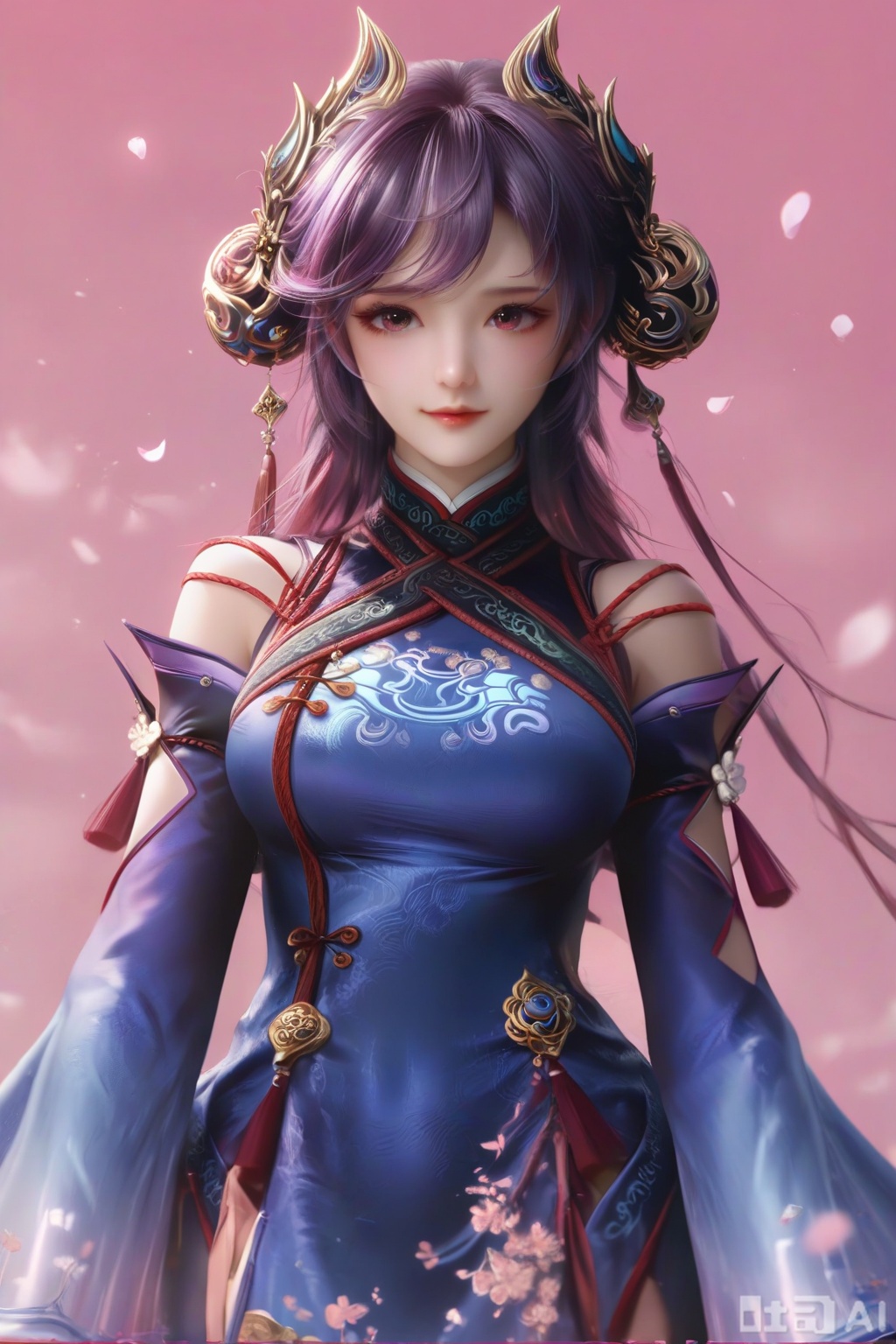 masterpiece, best quality, masterpiece,best quality,official art,extremely detailed CG unity 8k wallpaper, ,1girl,solo,looking at viewer,long hair,purple hair,hair ornament,dress,detached sleeves,lips,Cherry Blossoms,petals,pink background,pink theme,(facing viewer:1.3),(happiness:1.2),happiness,happiness,chinese clothes,pov,hand on own chest, 
