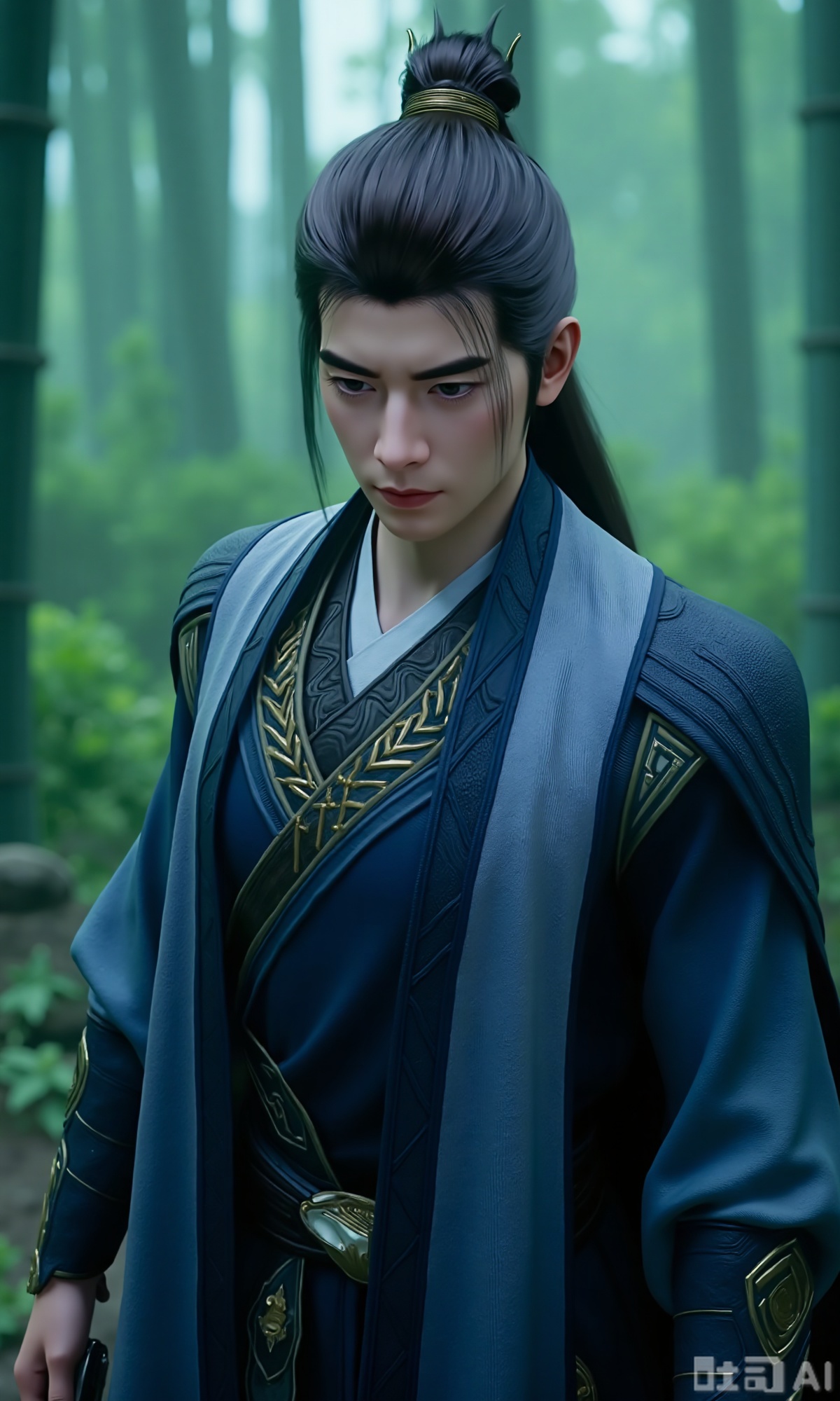 (masterpiece,best quality:1.23), hanfu, ancient style, male, swordsman, mountain forest background, misty, bamboo forest, handsome, cold, detailed, high quality, 8k,,Xzhanyihanli,Xhanlaomo,Xhanlizhanyi,Xhanlichangfu